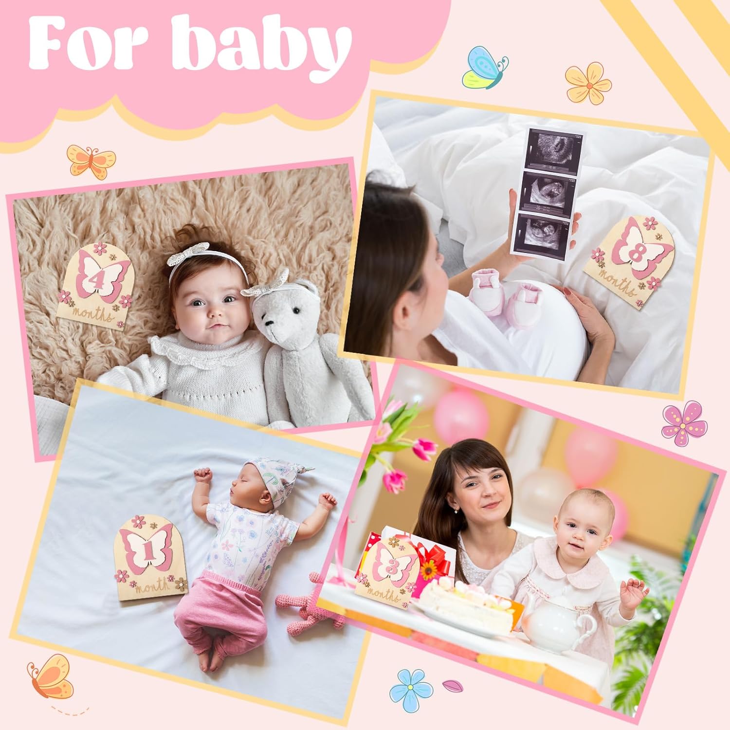 26 Pcs Baby Monthly Milestone Cards Set Wooden Discs for Girl Butterfly