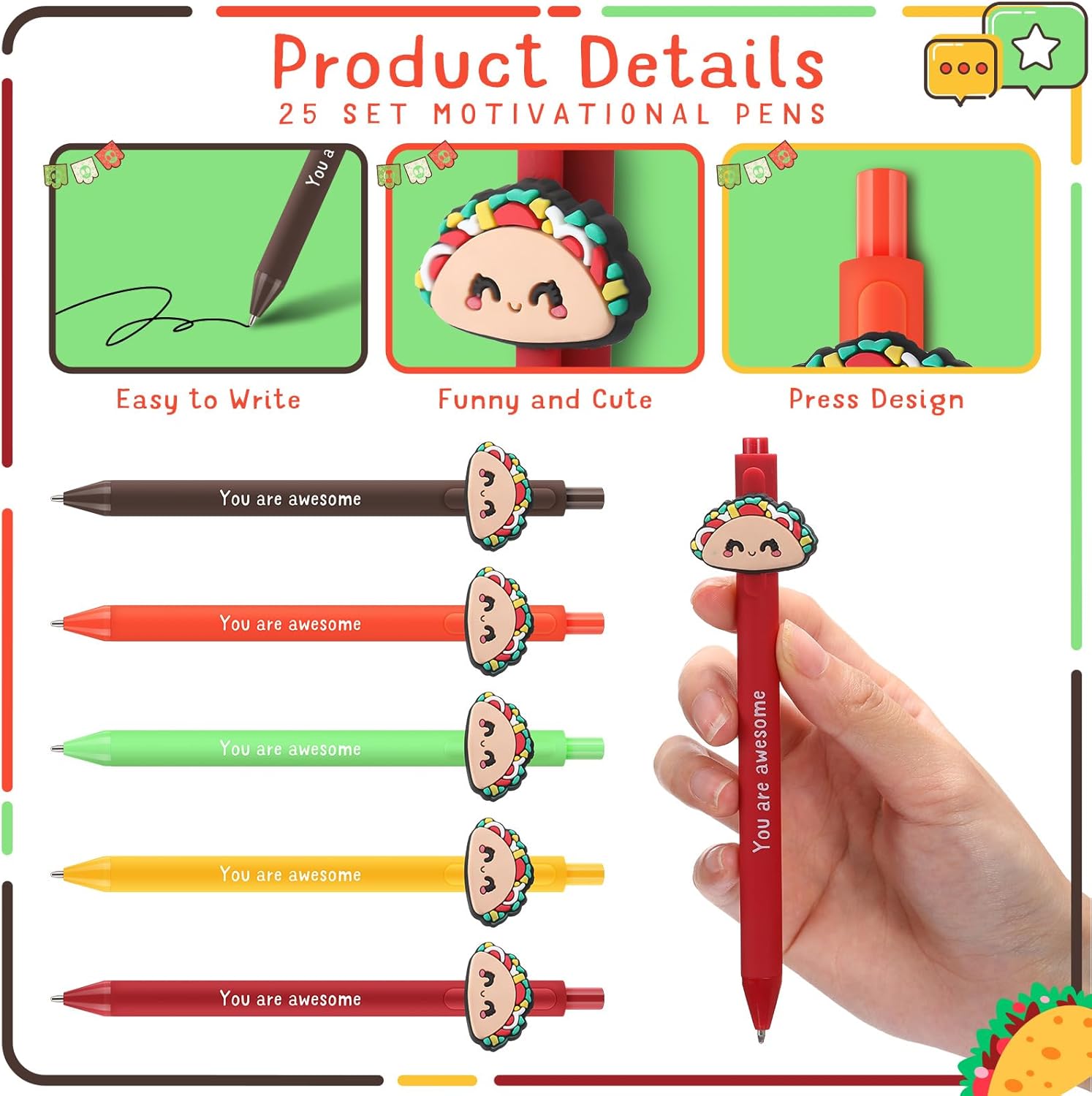 Qilery 25 Piece Emotional Support Taco Pens Gift Set