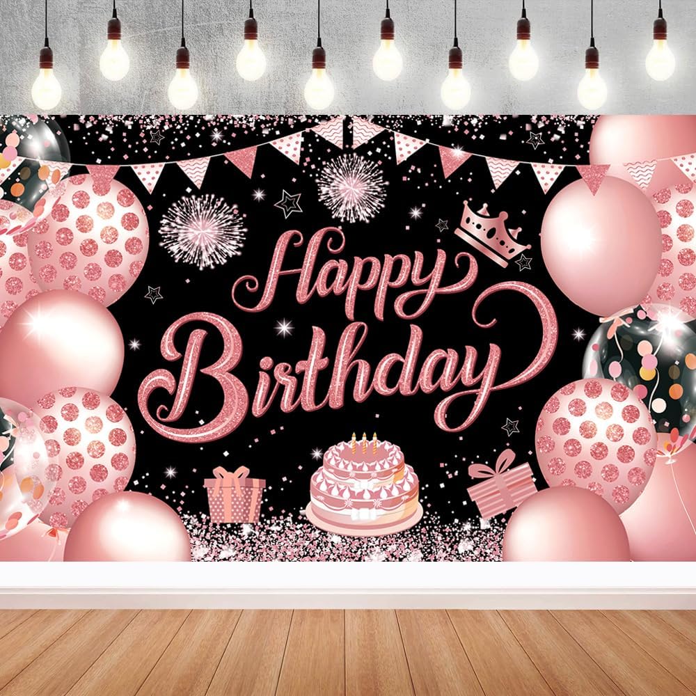 YinQin 180x120 cm Black Rose Gold Happy Birthday Photography Backdrop Cloth