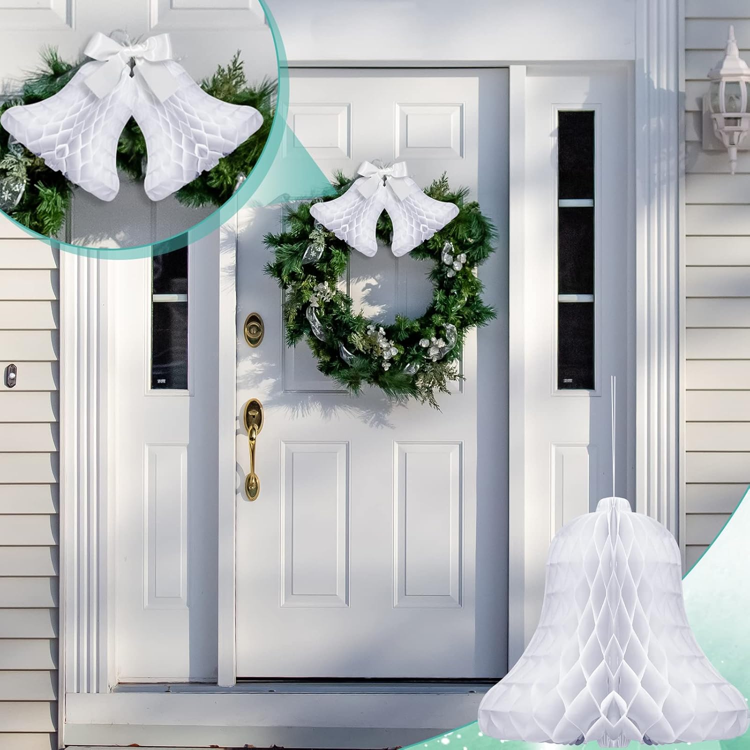 10 Pcs White Honeycomb Wedding Bells with 2 Rolls Ribbons