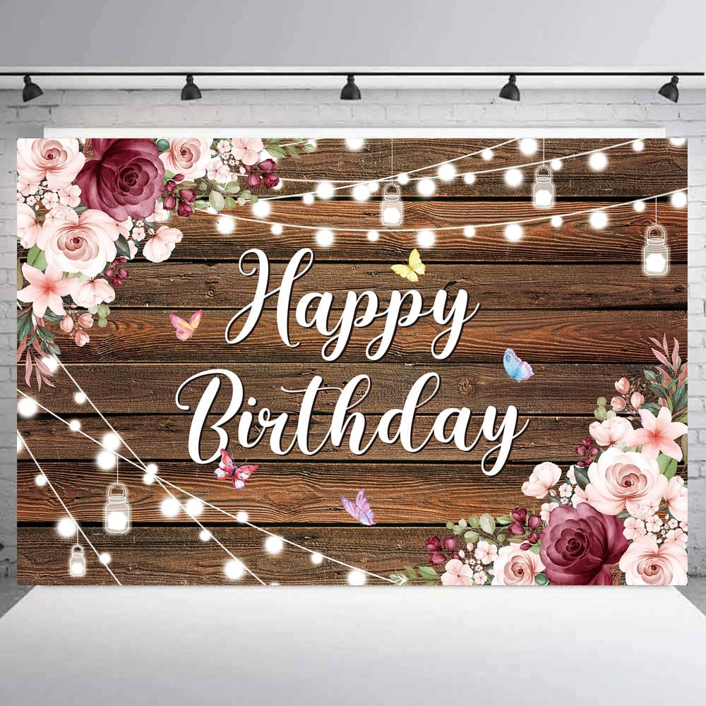 YinQin Rustic Wood Flower Happy Birthday Backdrop Cloth Banner 180x120cm