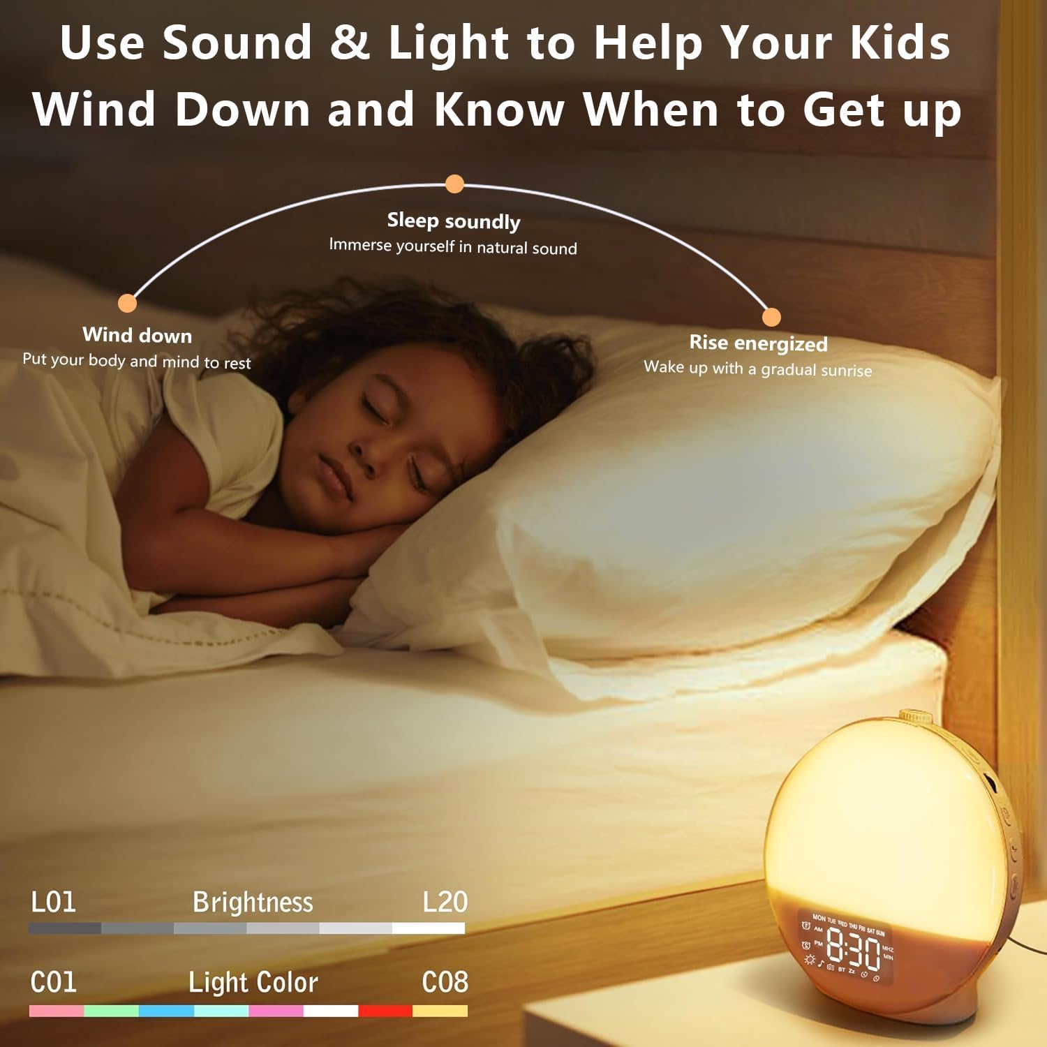 MASSII 2025 Upgraded Sunrise Alarm Clock with 17 Nightlights and 5W Bluetooth Speaker