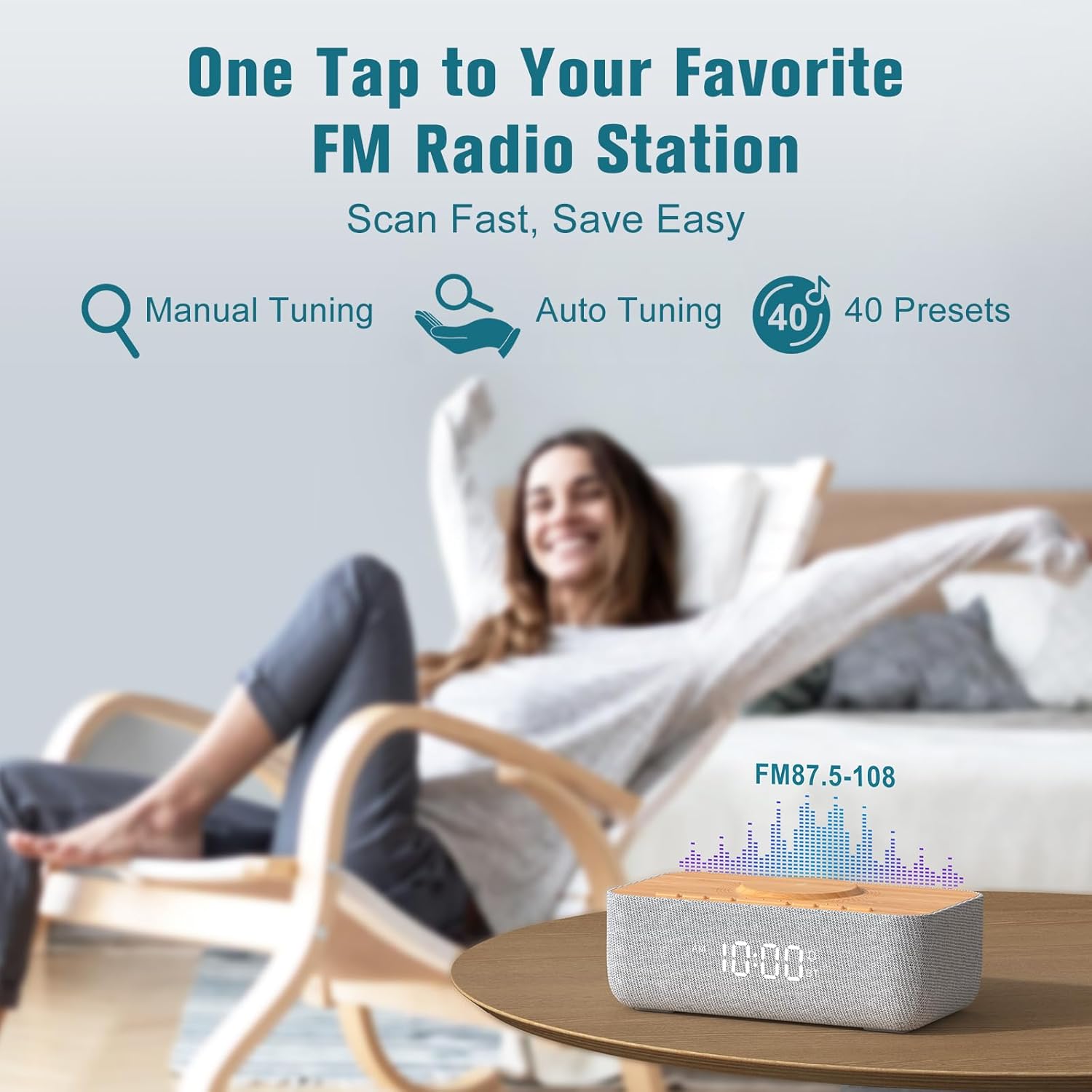 REACHER Alarm Clock Radio with Wireless Charging and FM Radio