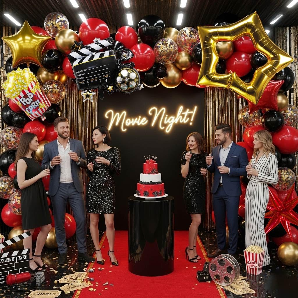 Movie Night Balloon Garland Arch Set Red Black Gold