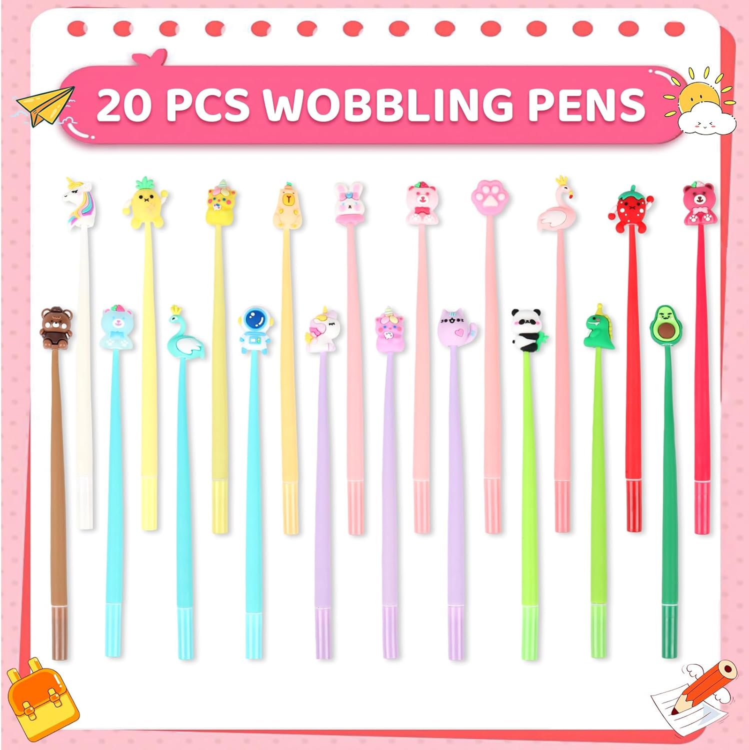 20pcs Cute Gel Ink Wiggle Pens with Kawaii Character Toppers