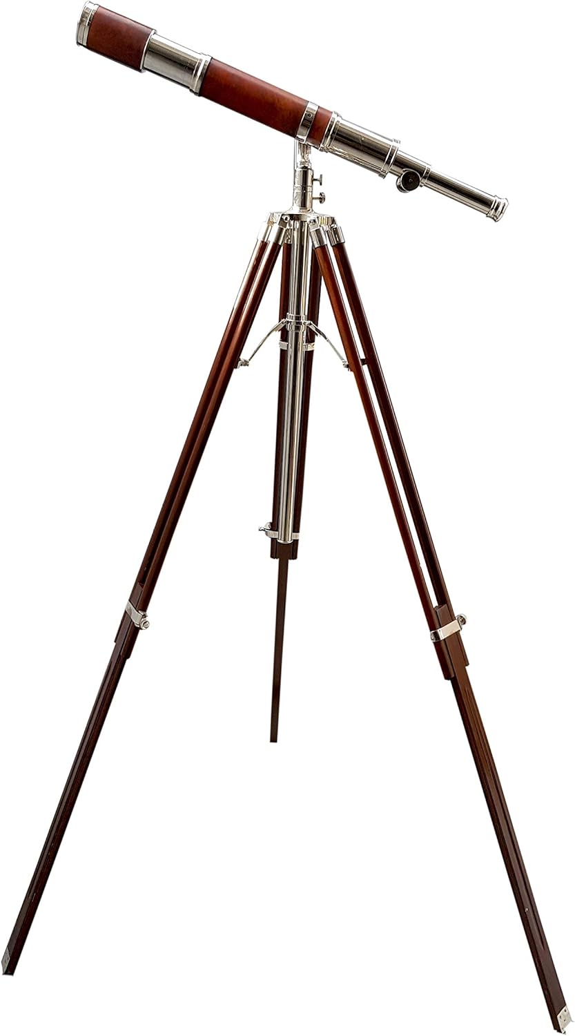 Antique Brass Tube Telescope with Brown Wood Tripod