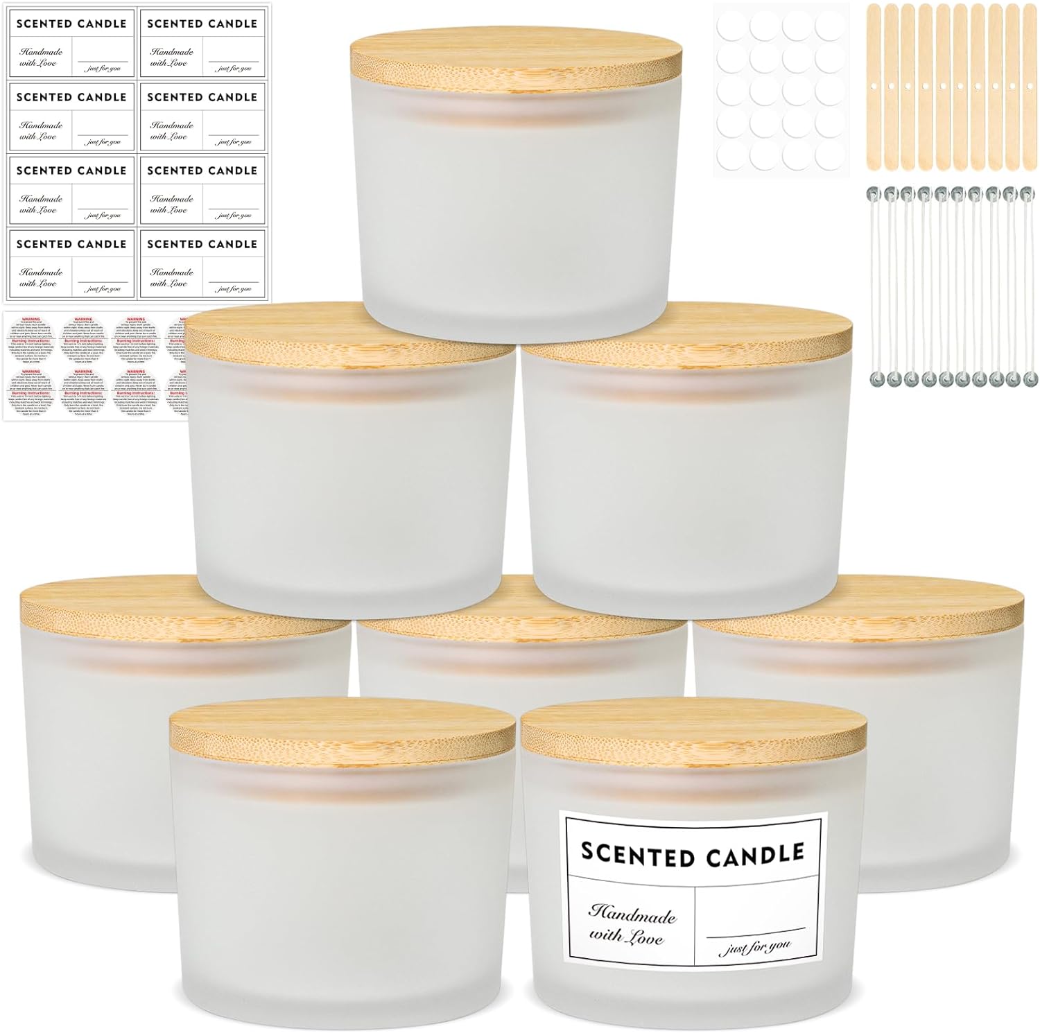 12oz Candle Jars 8 Pack with Bamboo Lids and Wick Kit