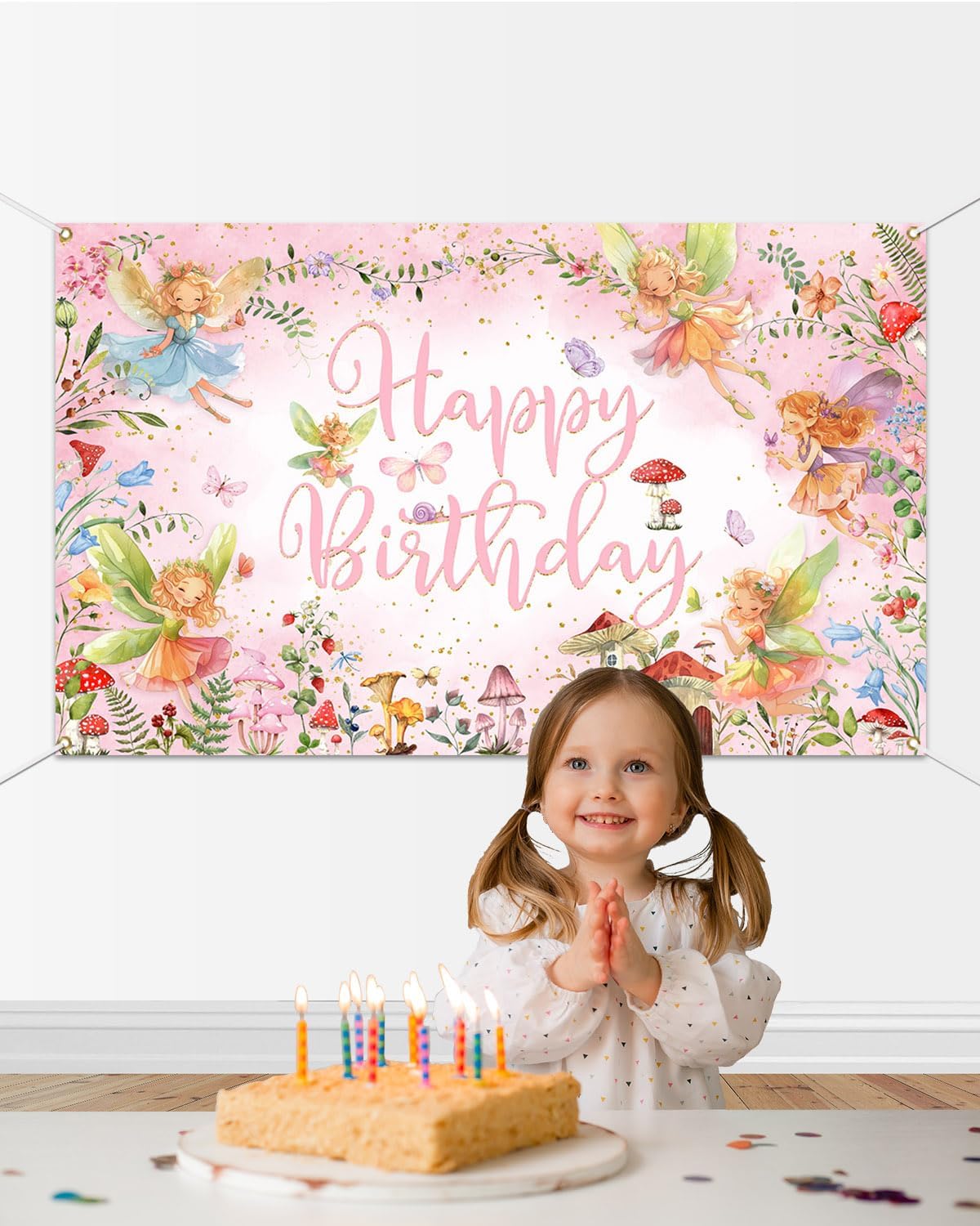 Mocsicka Fairy Birthday Backdrop Banner Pink