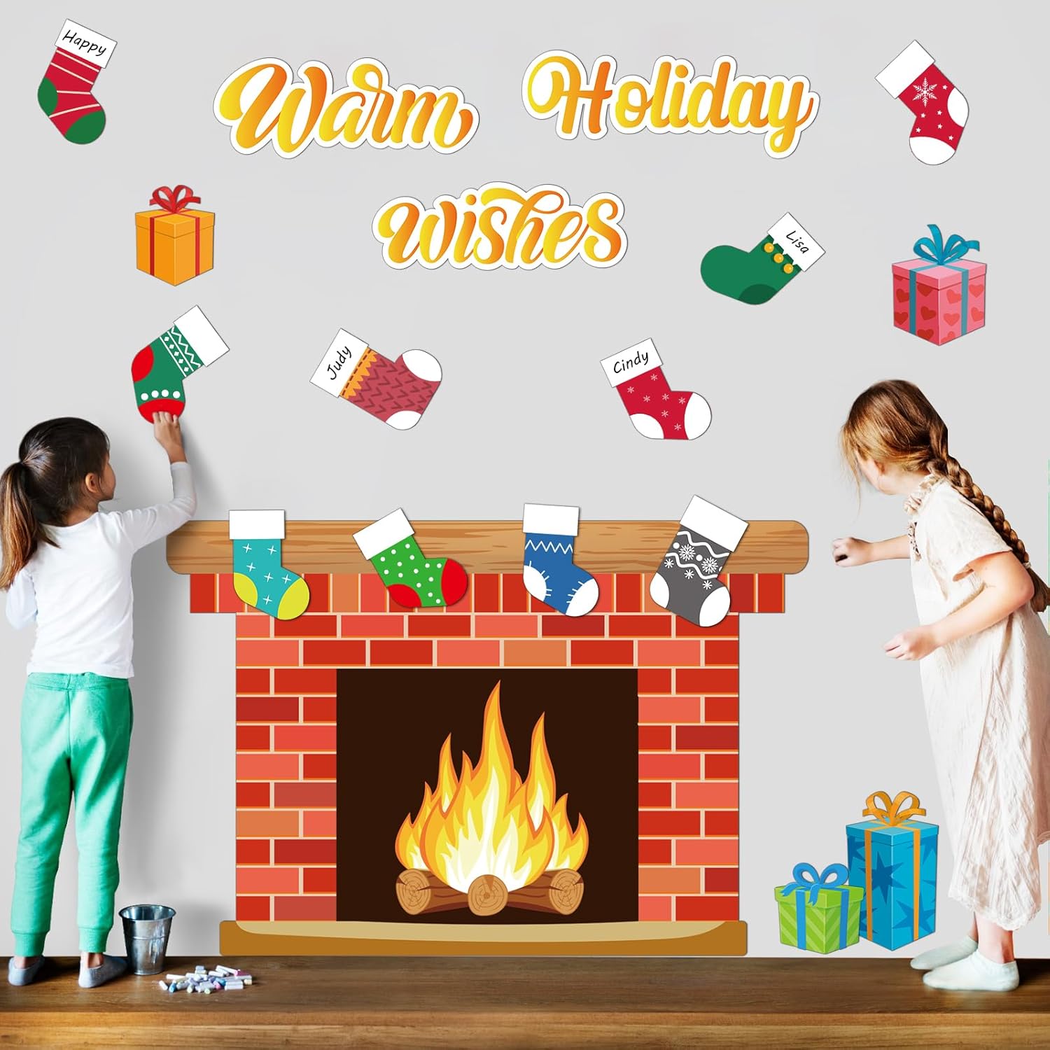 Christmas Bulletin Board with Fireplace and Stocking Cutouts