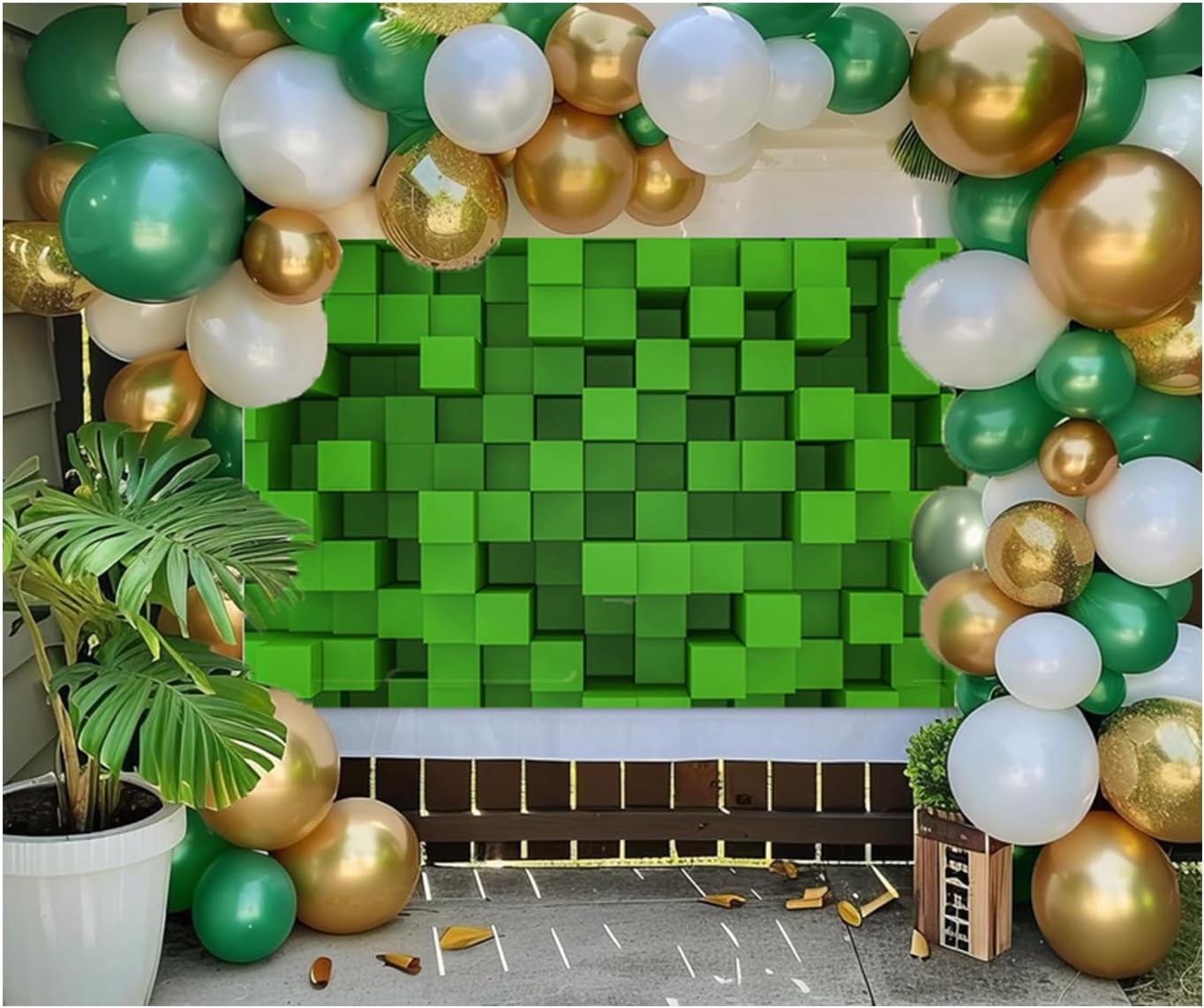 7x5 Ft Green Cube Pattern Photo Backdrop for Parties and Events