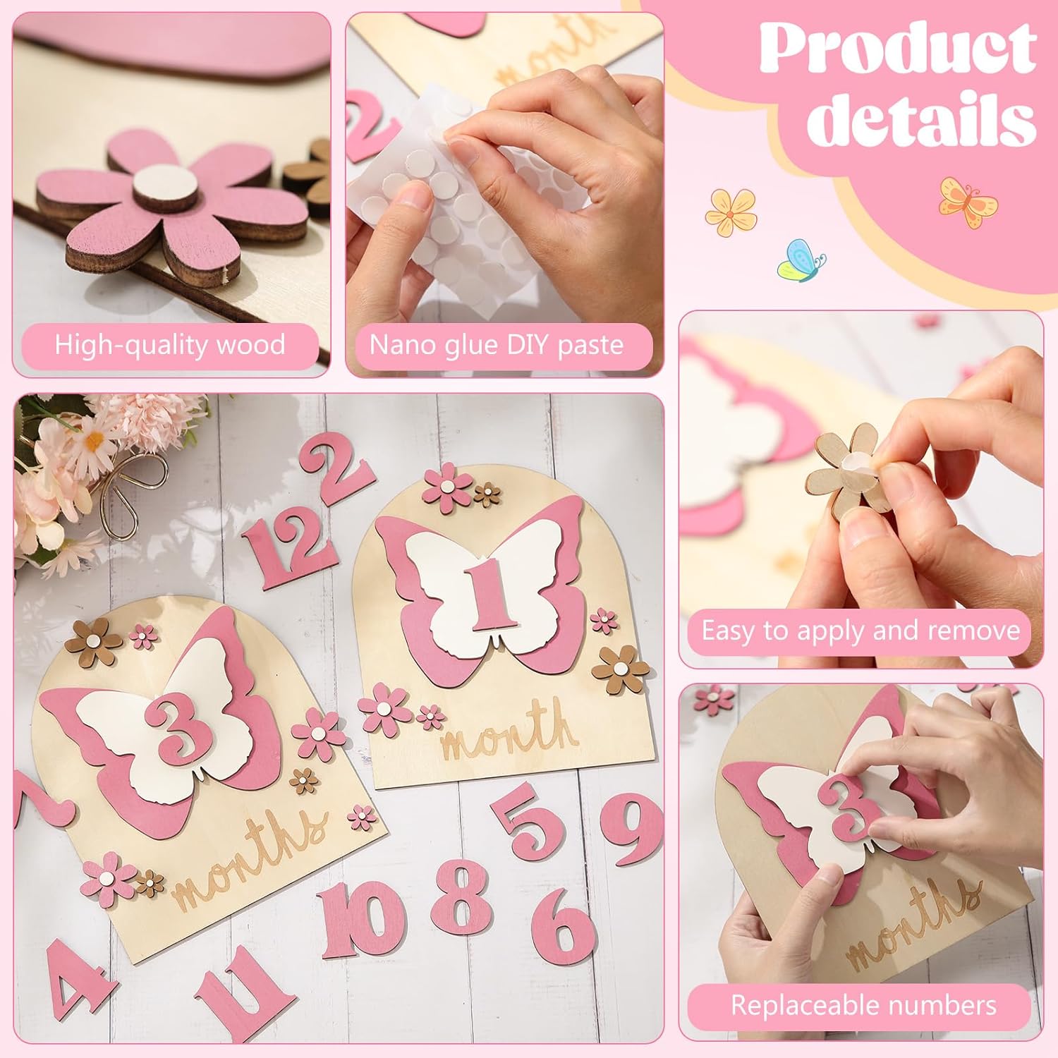 26 Pcs Baby Monthly Milestone Cards Set Wooden Discs for Girl Butterfly