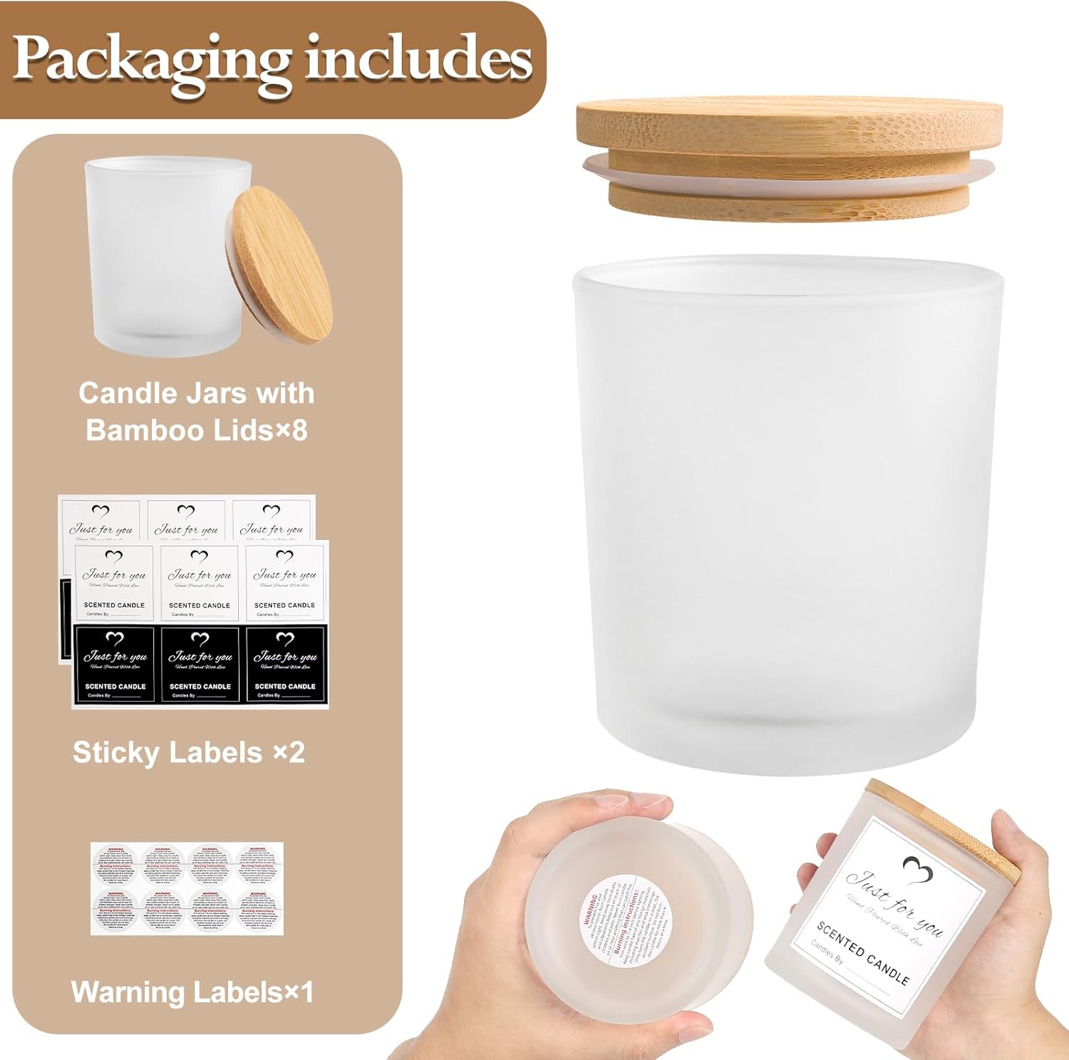 CONNOO 8 Pack 14 Oz Frosted Glass Candle Jars with Bamboo Lids