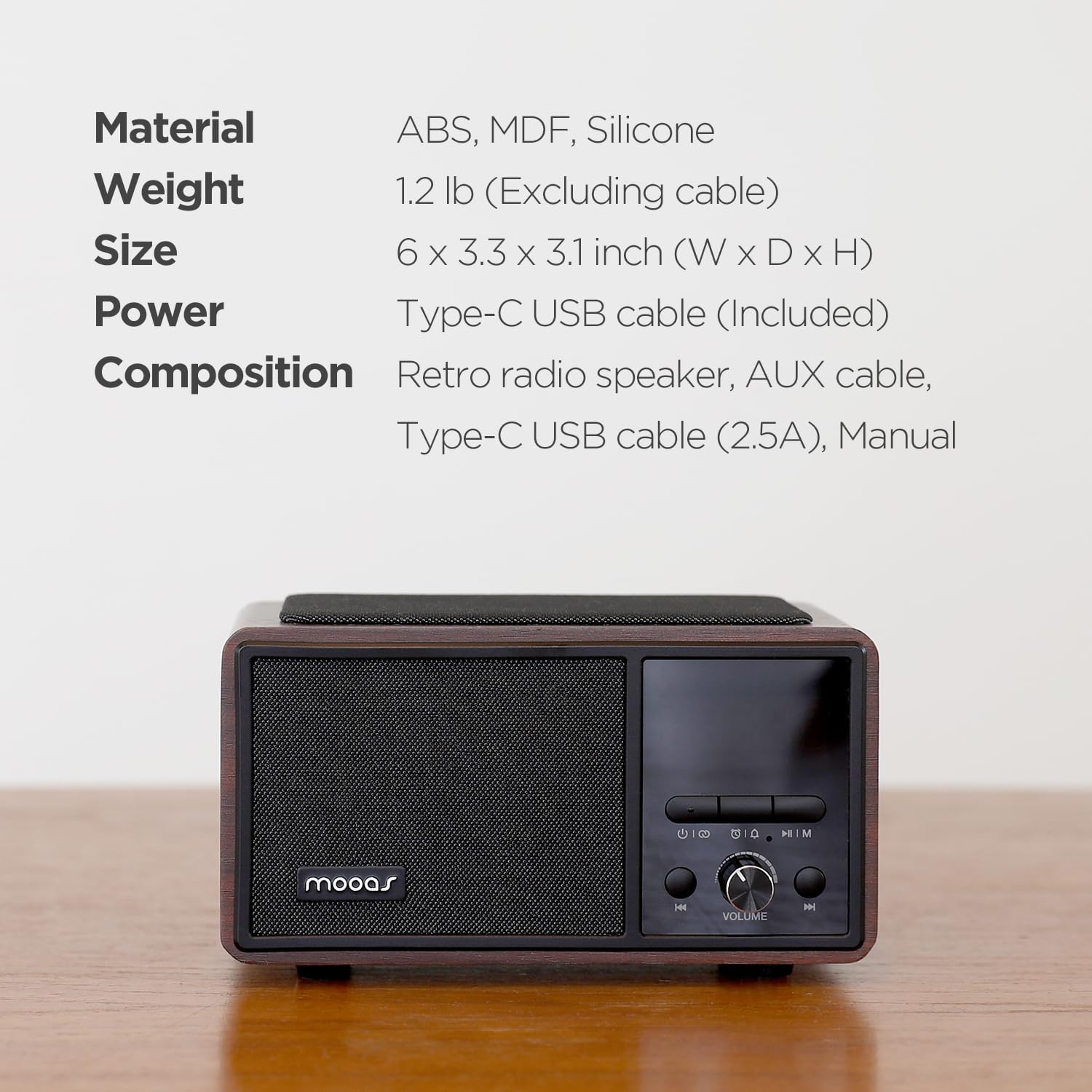 mooas Retro Bluetooth Radio Speaker with Clock and Wireless Charger