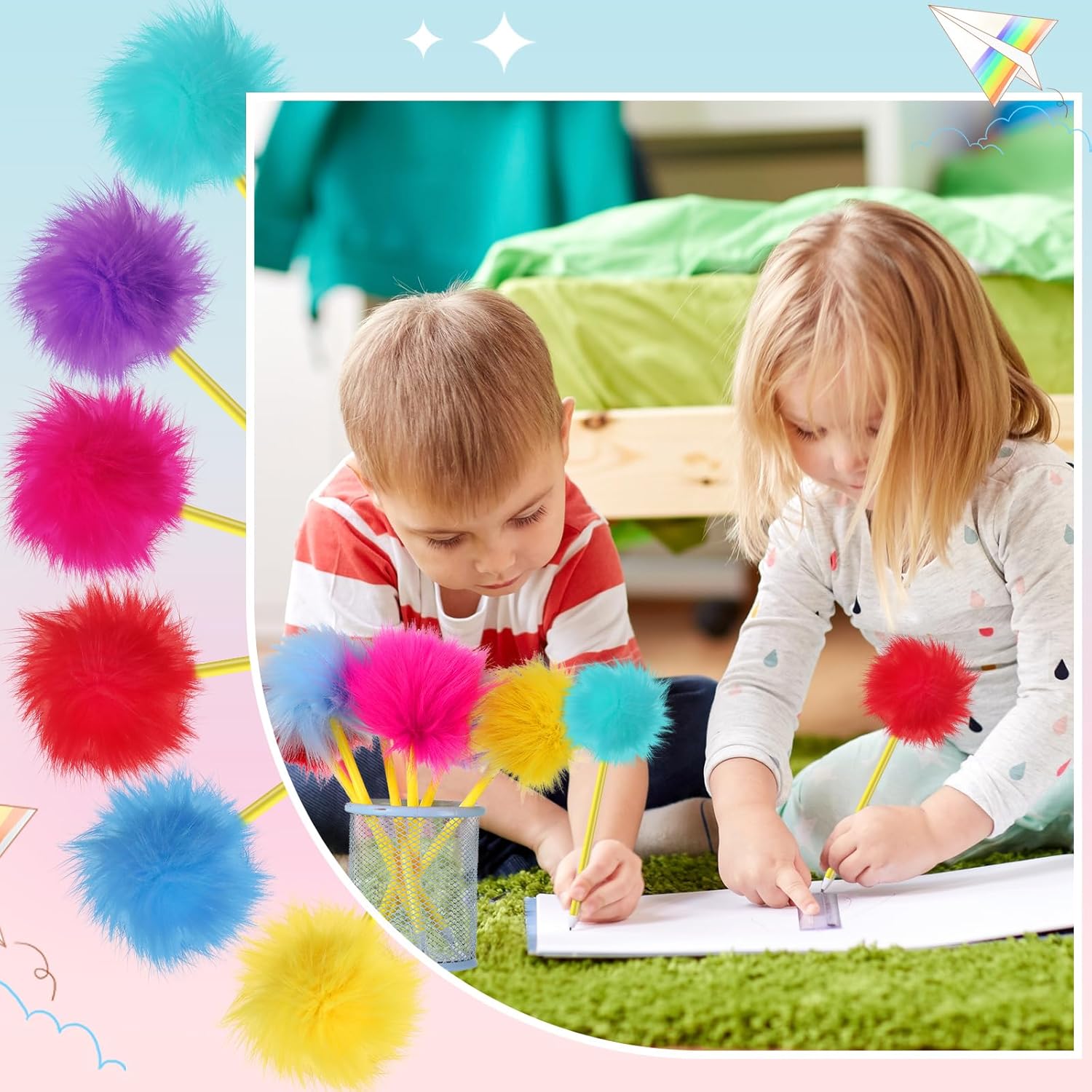 24 Pcs Pom Pom Pen Tree Fluffy Ballpoint Pens Set