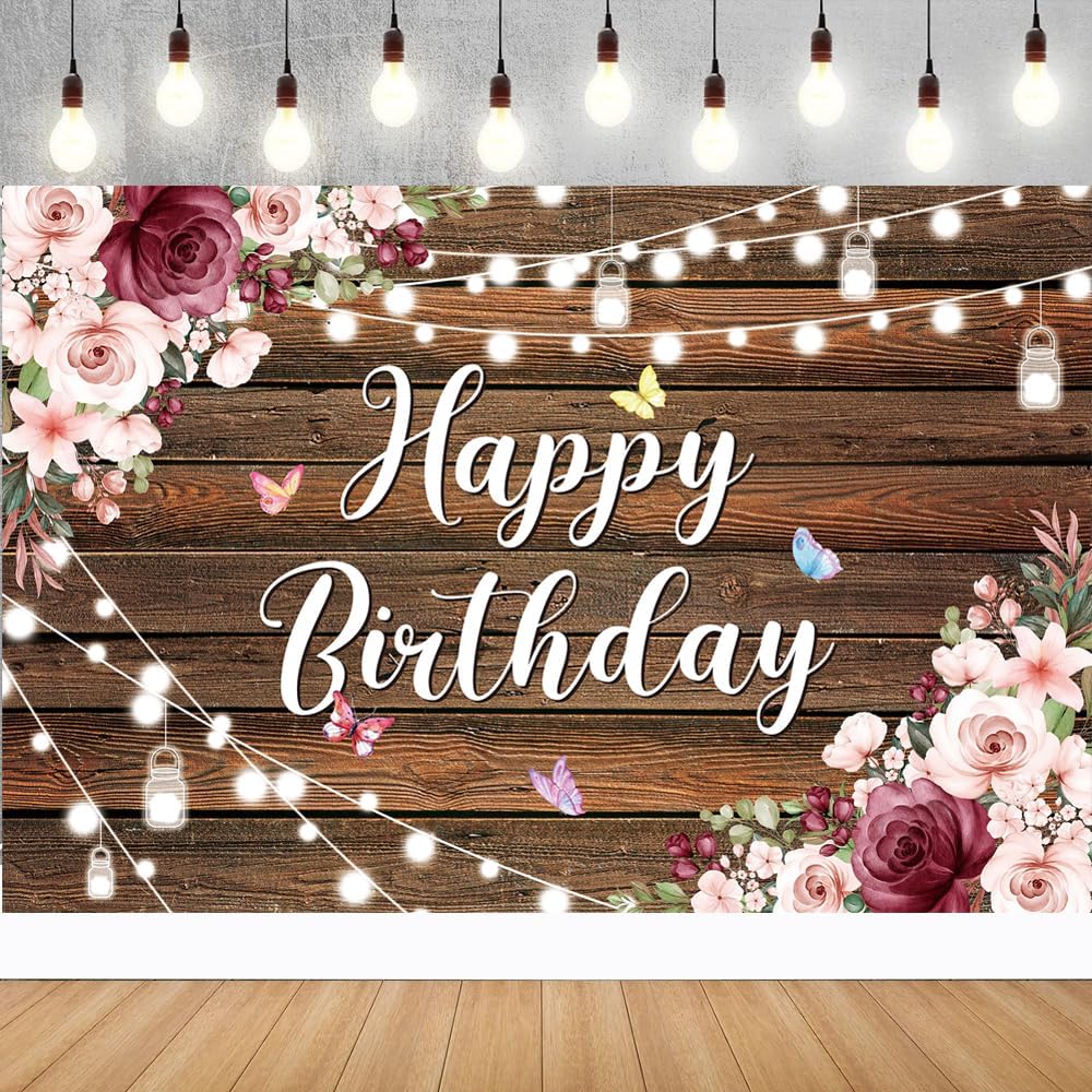 YinQin Rustic Wood Flower Happy Birthday Backdrop Cloth Banner 180x120cm