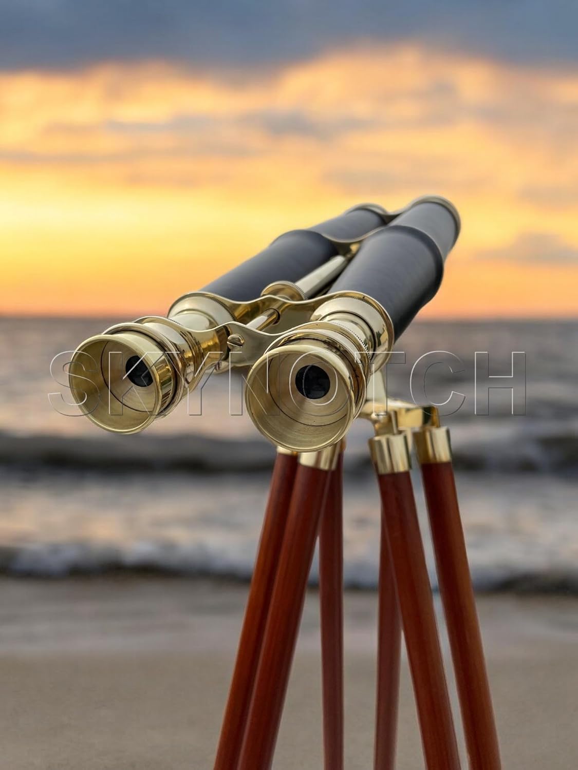 SKYNOTCH Nautical Brass Double Barrel Binocular With 62 Inch Wooden Stand