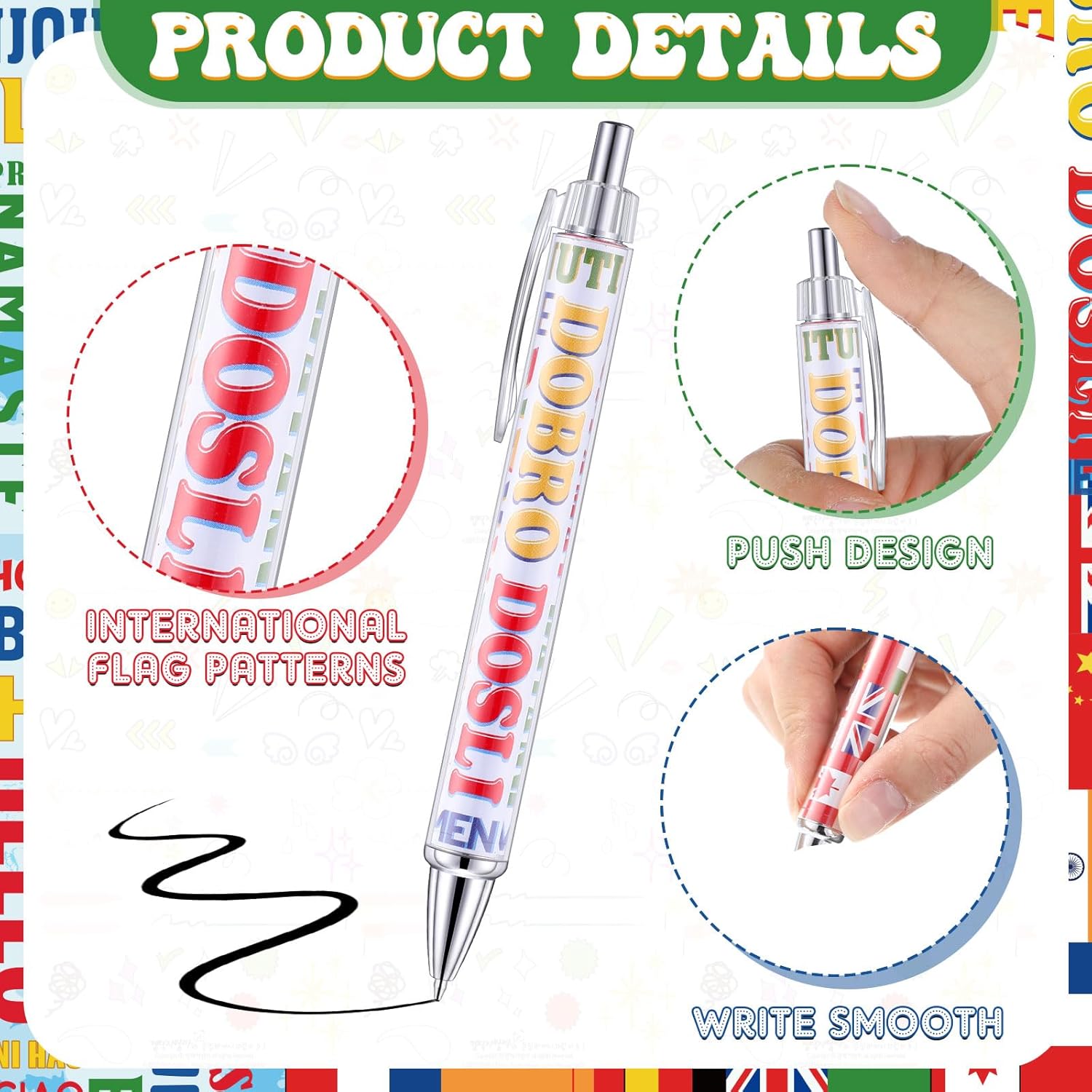 Treela 24 Pcs International Flag Pens for Events and School Supplies