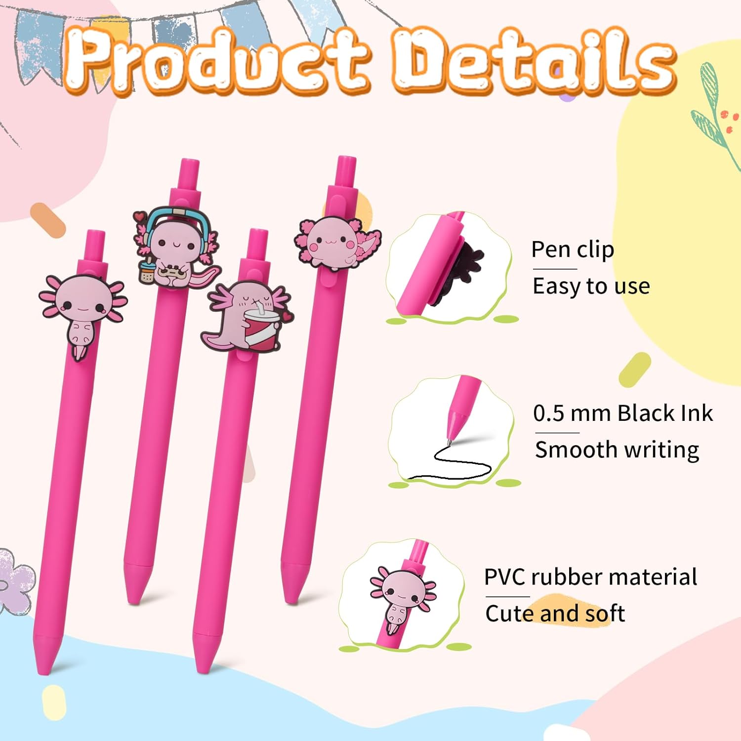 10 Pcs Cute Pink Axolotl Theme Ballpoint Pens for Kids Students