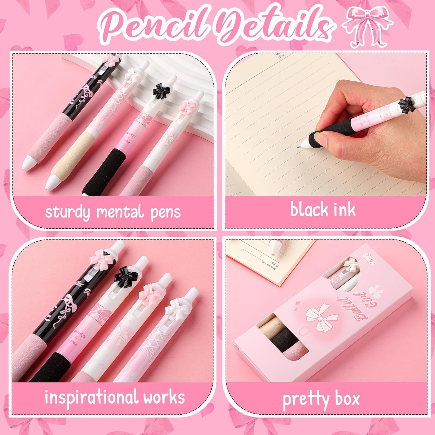 12 Pcs Ballet Bow Pens Set Pink Gel Ink Ballpoint Pens