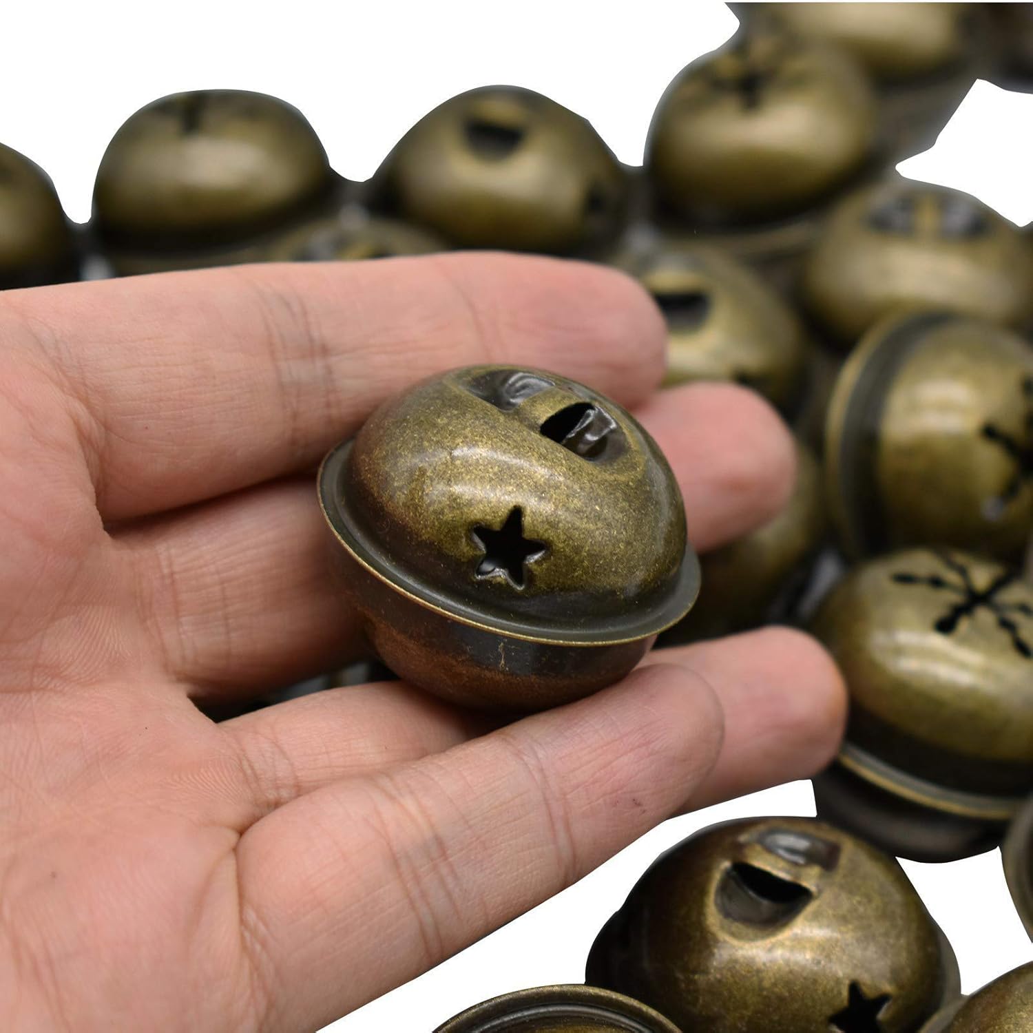 Maydahui 60 PCS Bronze Jingle Bells with Star and Snowflake Designs