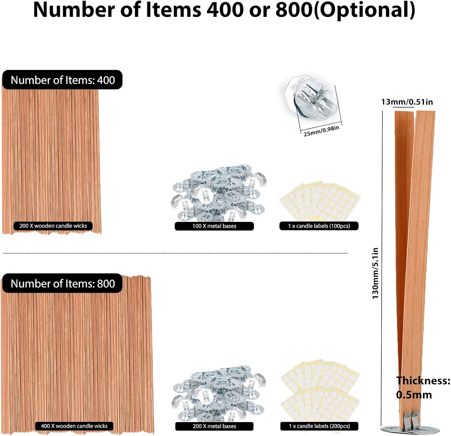 Ziosxin 800pc Smokeless Cherry Wood Candle Wicks with Stand and Glue Dot