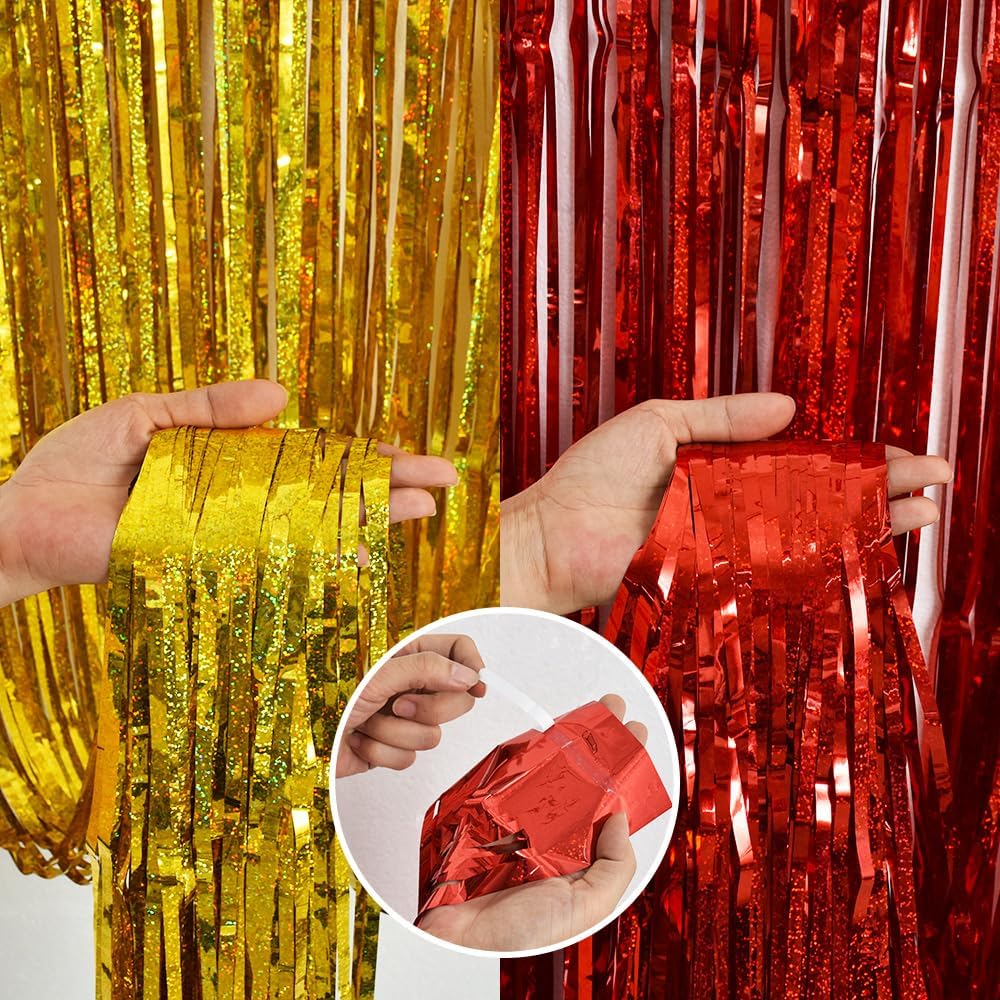 BEISHIDA 4Pcs Red Gold Party Streamers Foil Curtain Backdrop