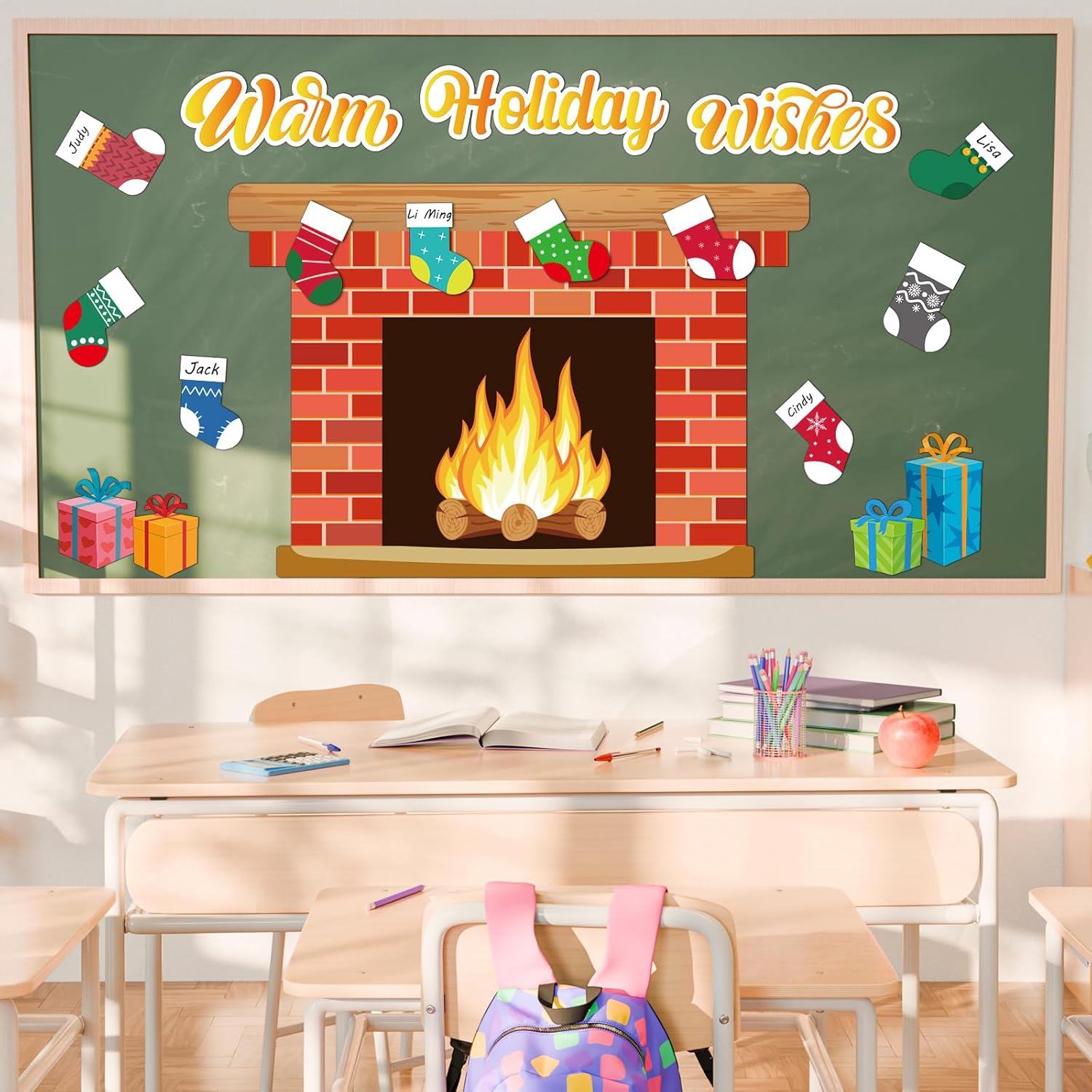 Christmas Bulletin Board with Fireplace and Stocking Cutouts