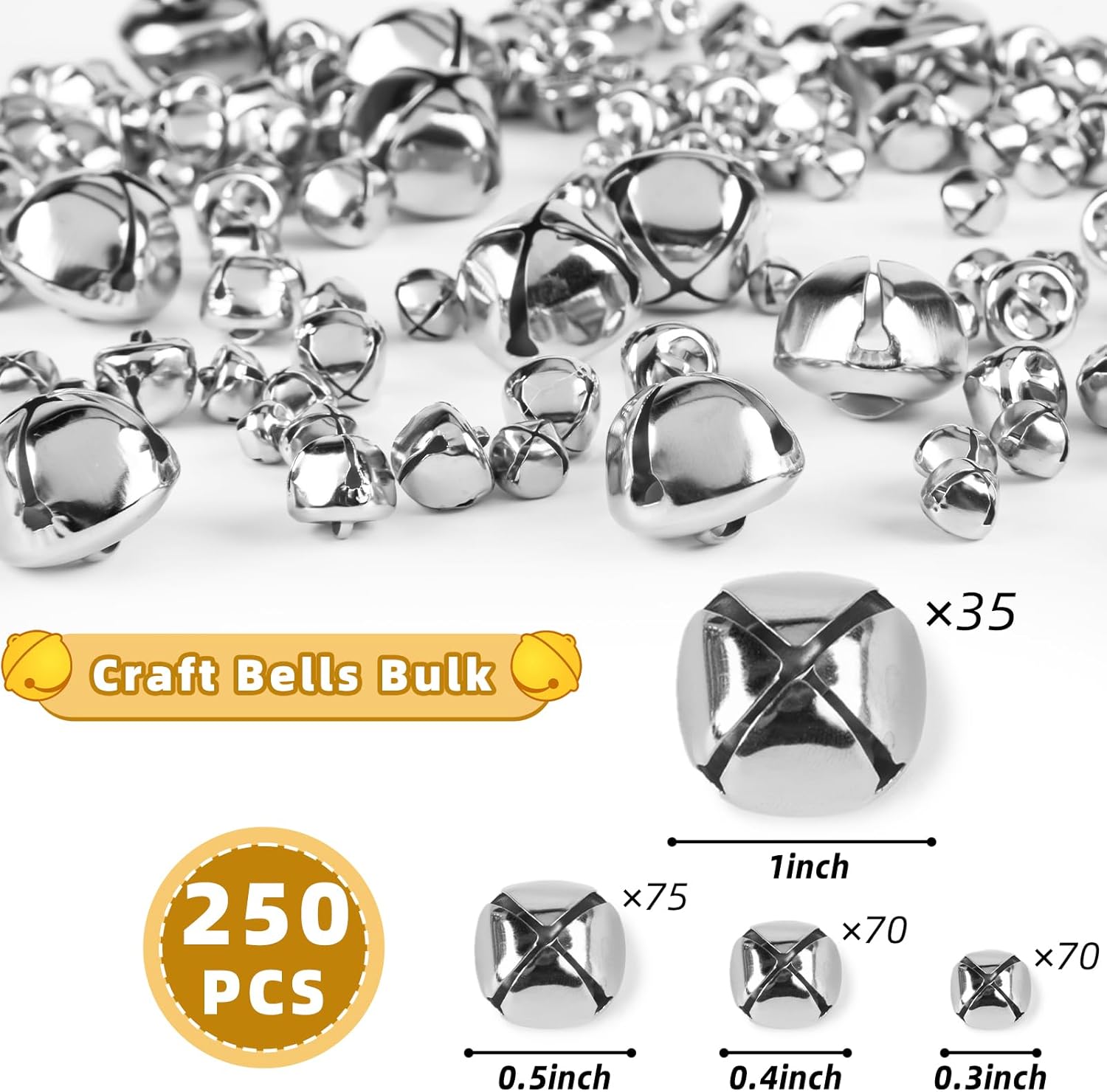 VGOODALL 250PCS Assorted Size Silver Jingle Bells