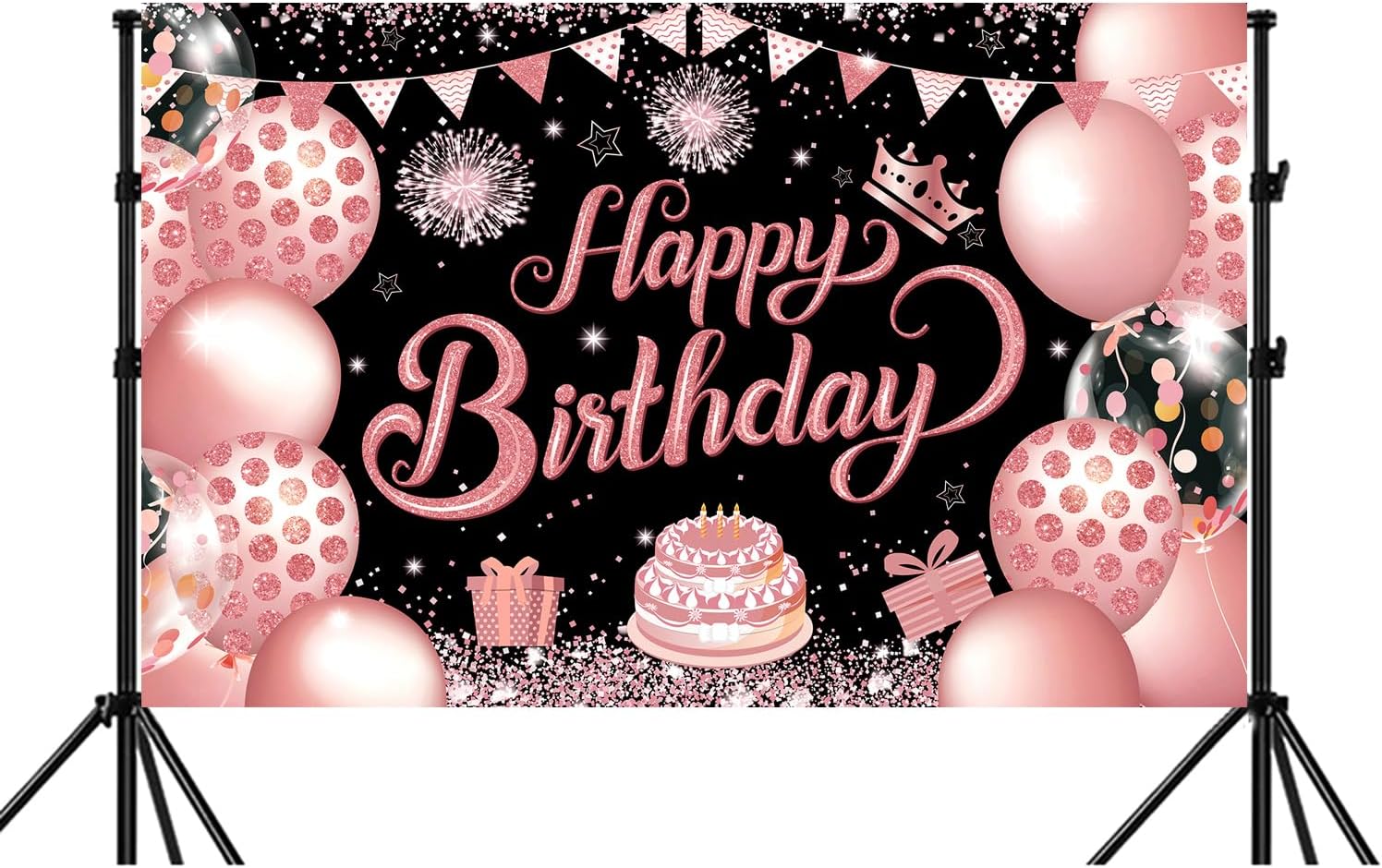 YinQin 180x120 cm Black Rose Gold Happy Birthday Photography Backdrop Cloth