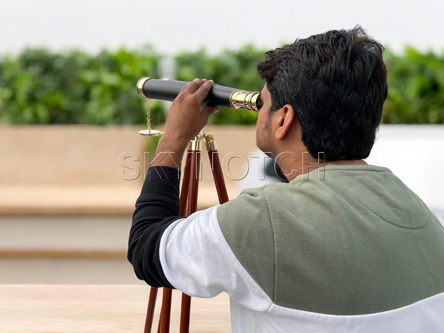 SKYNOTCH Nautical Brass Double Barrel Binocular With 62 Inch Wooden Stand