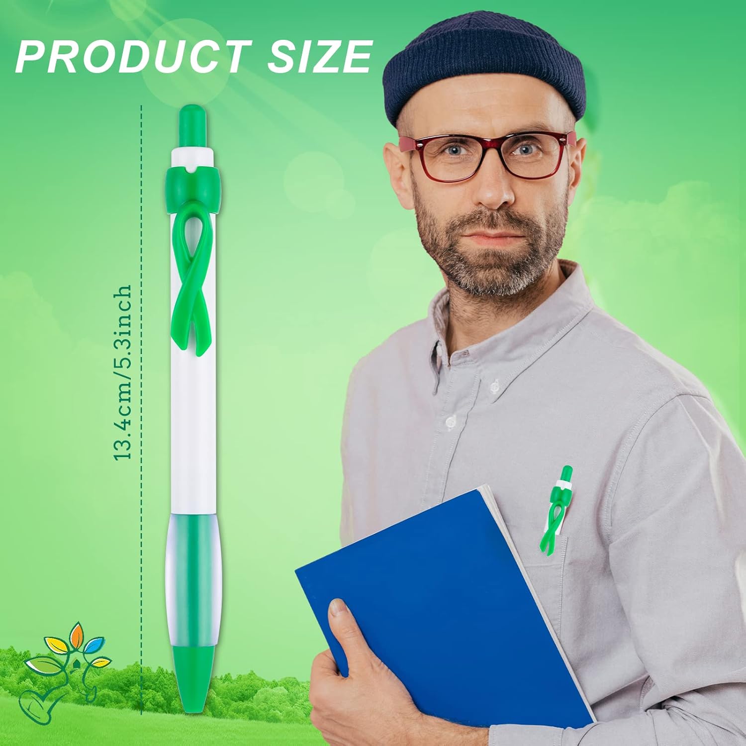 Yexiya 200 Pcs Green Ribbon Awareness Pen Set