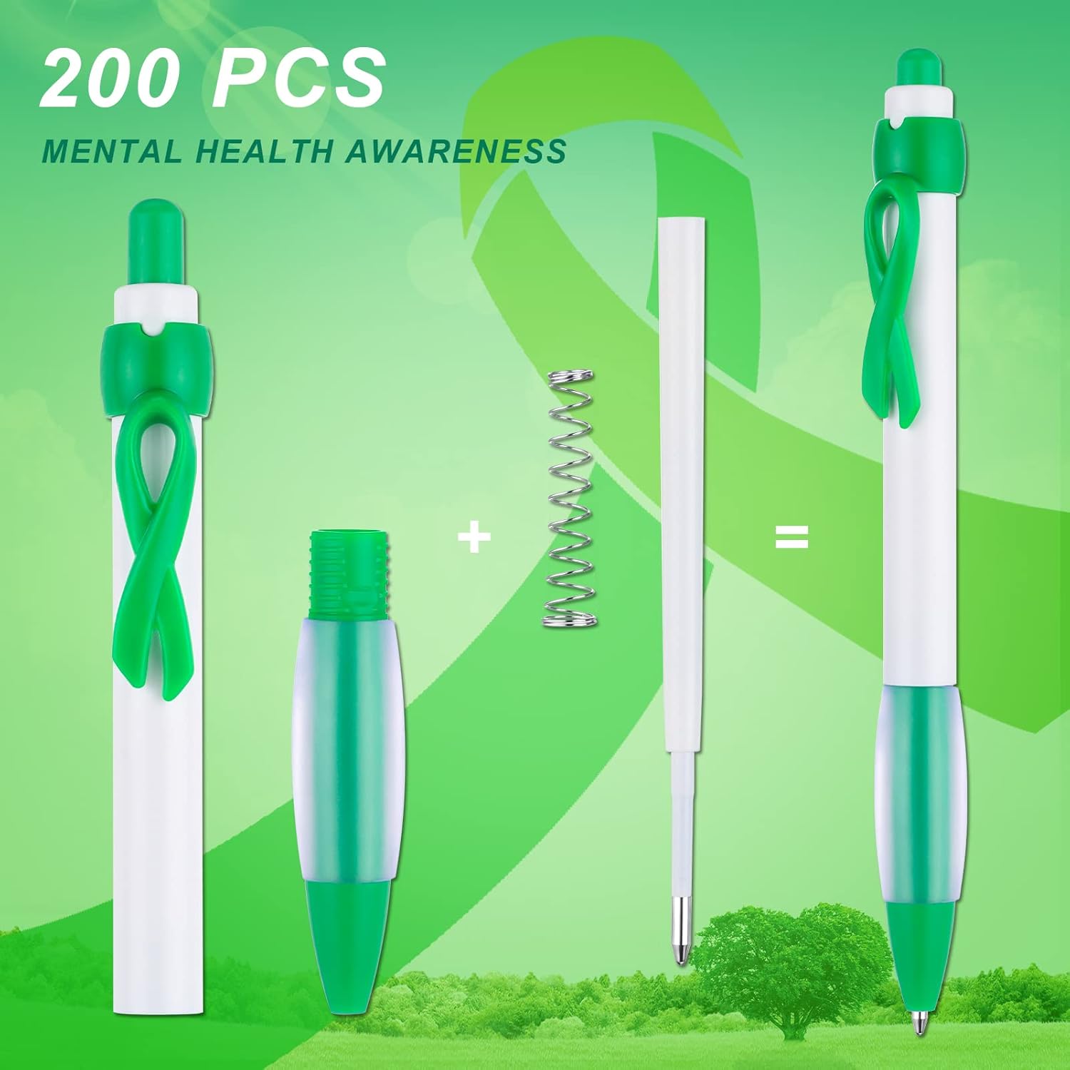 Yexiya 200 Pcs Green Ribbon Awareness Pen Set