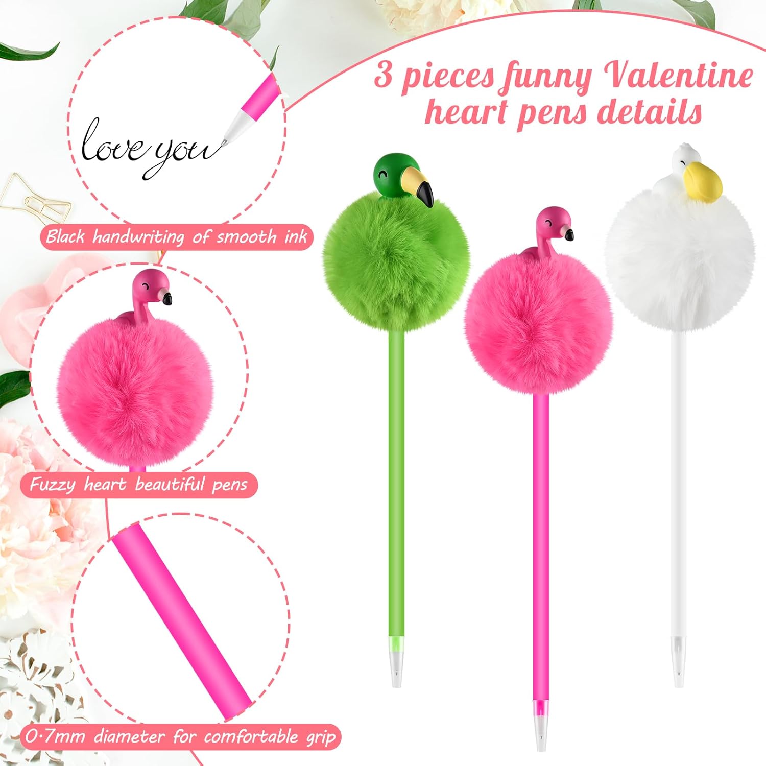 Zuazaor 3 Piece Colorful Fluffy Flamingo Pens