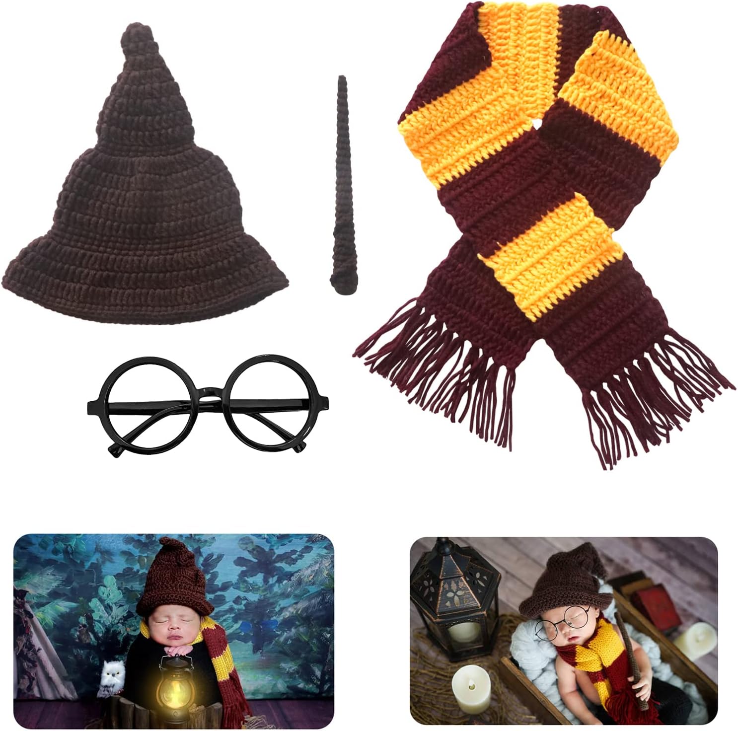 Halloween Baby Posing Prop Set 4pcs Wizard Witch Hat Scarf Wand Glasses Frame