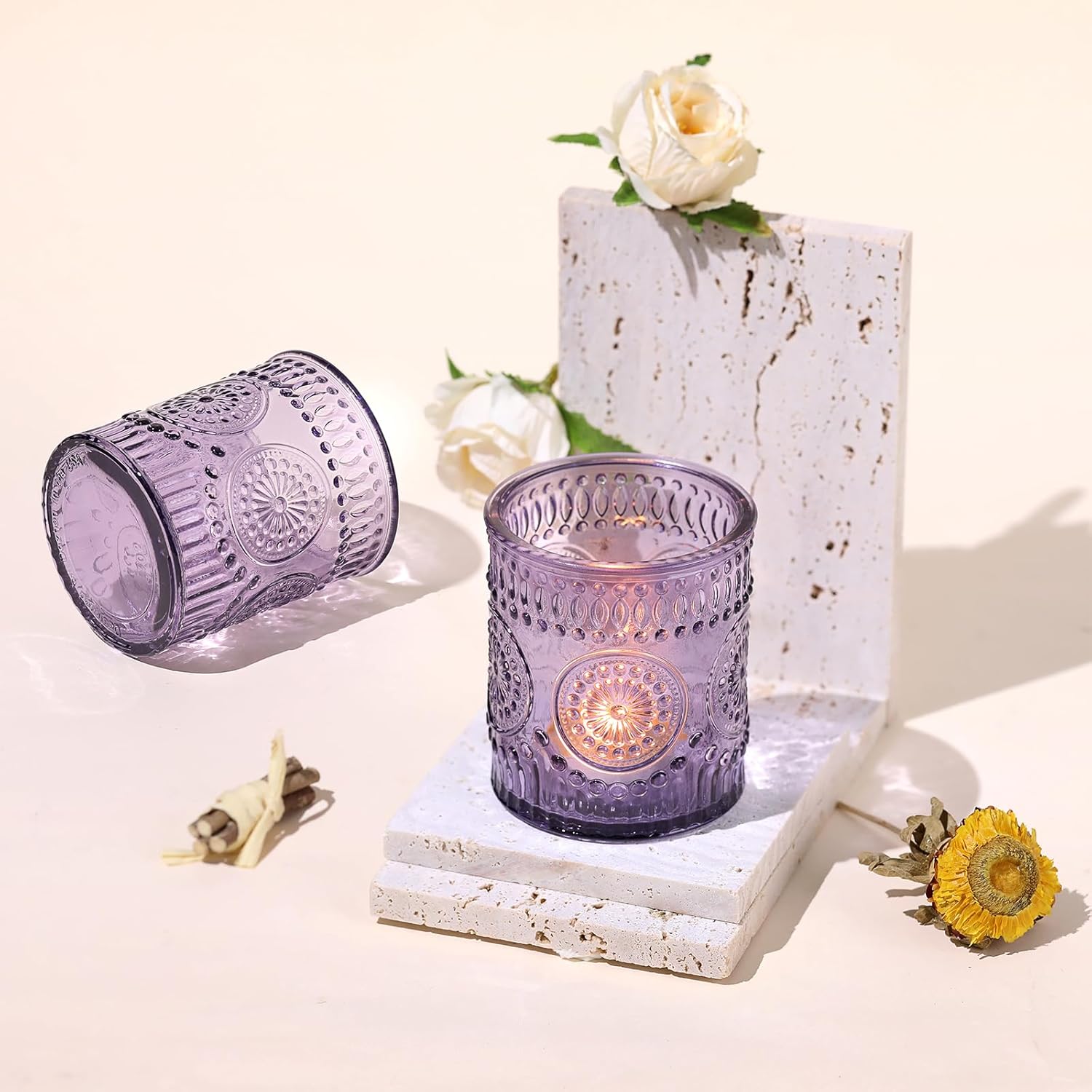 8oz Purple Embossed Glass Candle Jars Set of 8