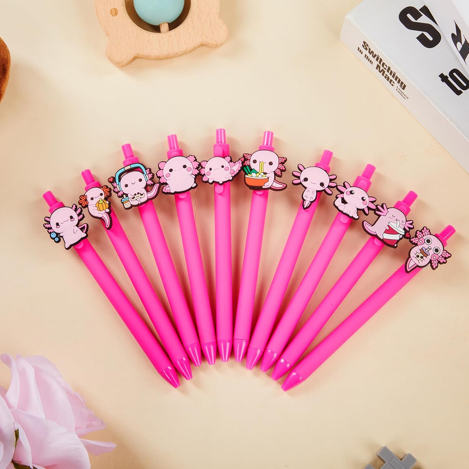 10 Pcs Cute Pink Axolotl Theme Ballpoint Pens for Kids Students
