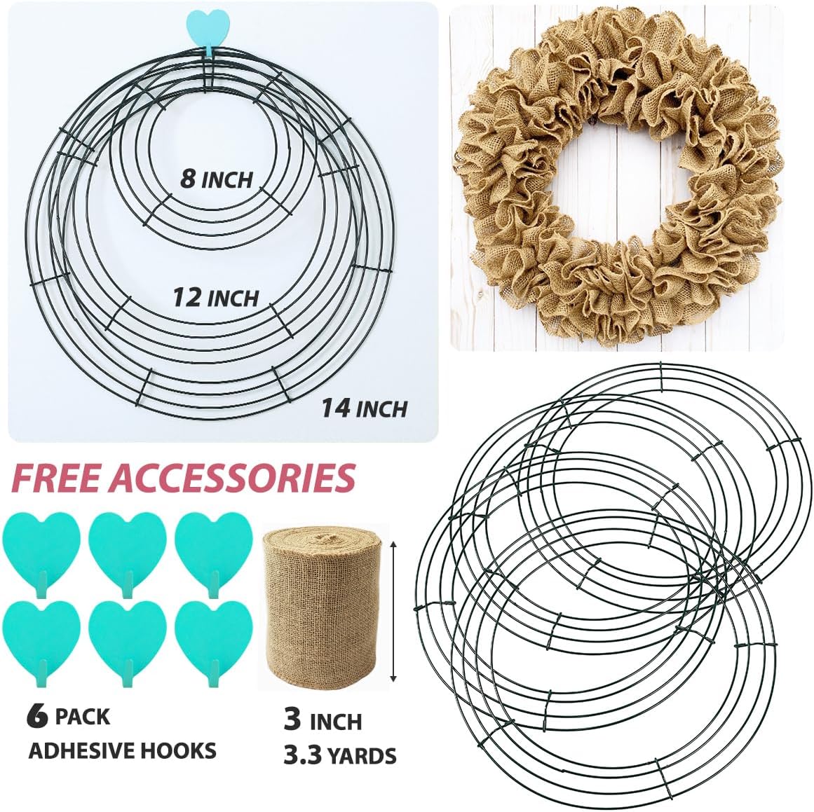 6 Pack 14 Inch Metal Wreath Frame with Hooks and Burlap