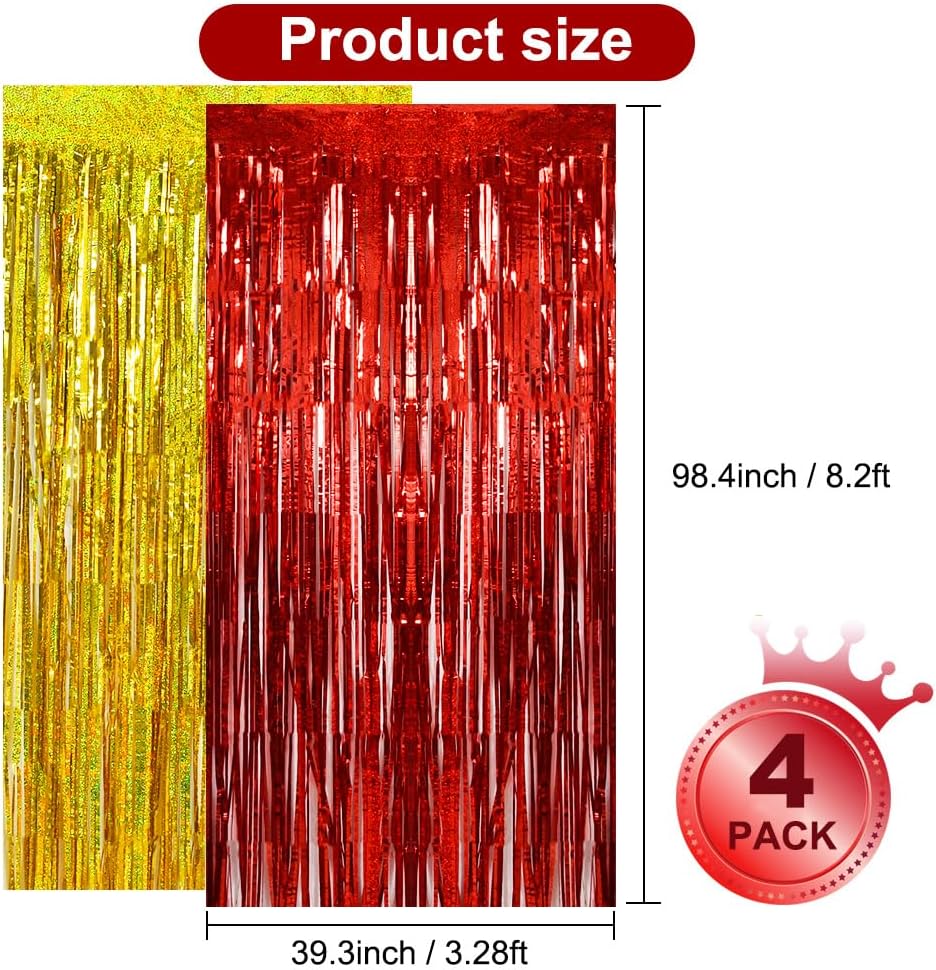 BEISHIDA 4Pcs Red Gold Party Streamers Foil Curtain Backdrop