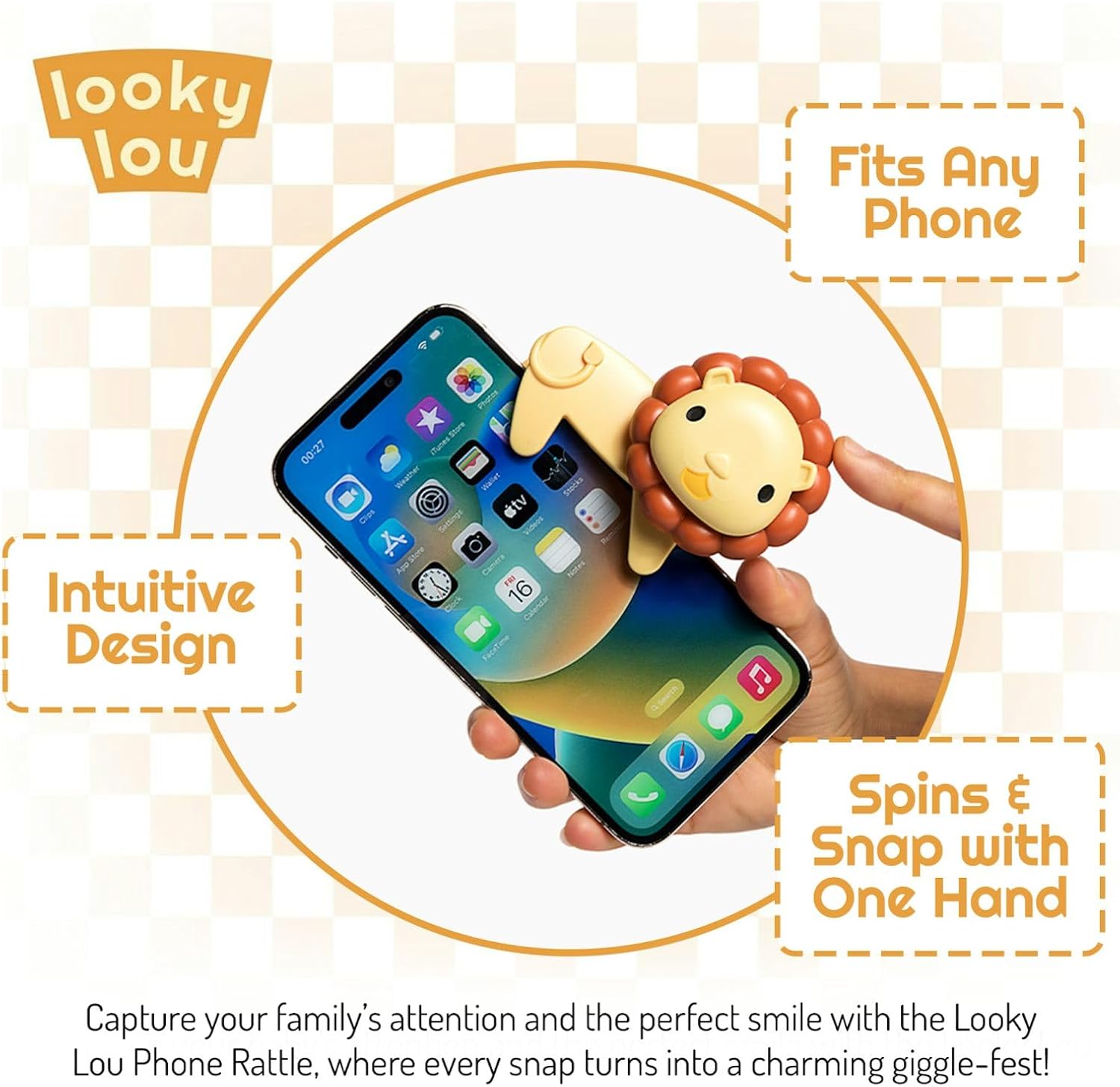 Looky Lou Lion Rattle Phone Clip for Baby Photos