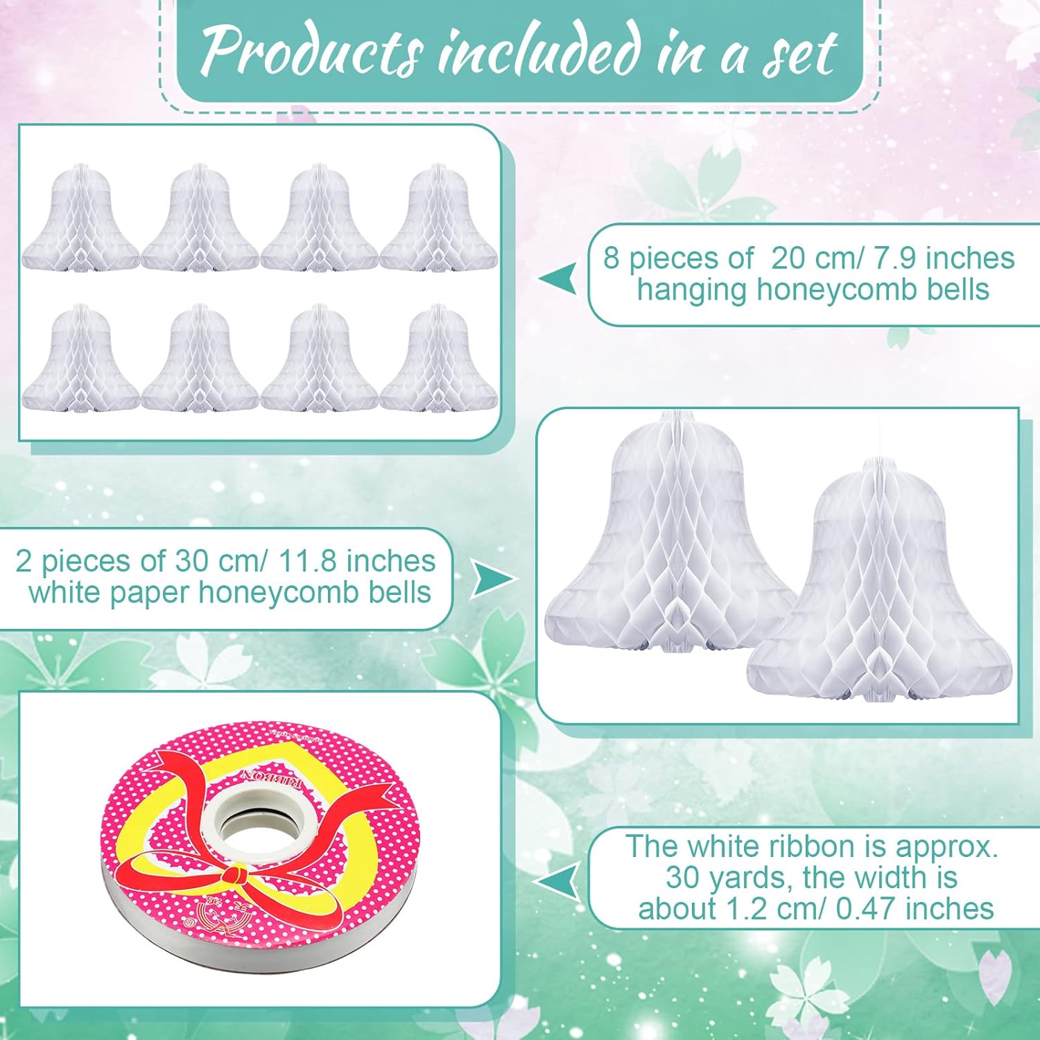 10 Pcs White Honeycomb Wedding Bells with 2 Rolls Ribbons