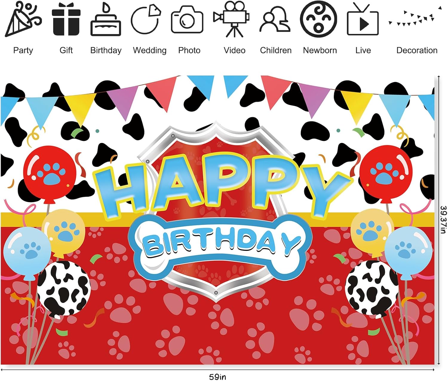 5x3ft Red Dog Paw Birthday Backdrop for Party Decorations