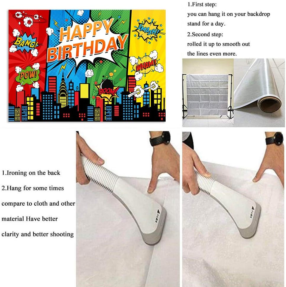 7x5FT Cartoon Superhero Cityscape Birthday Party Backdrop