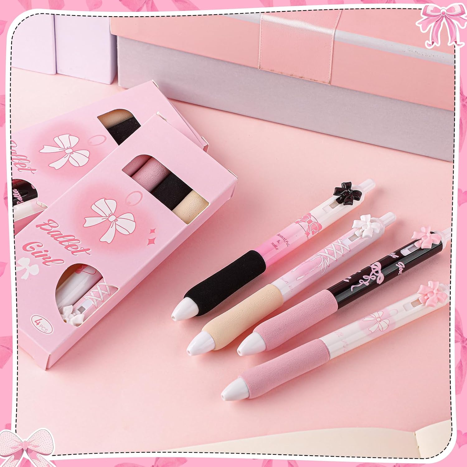 12 Pcs Ballet Bow Pens Set Pink Gel Ink Ballpoint Pens