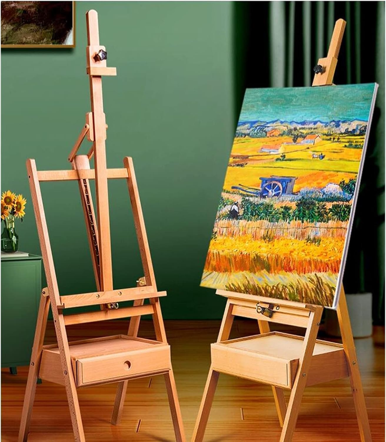 Adjustable Wooden H-Frame Art Easel with Storage Drawer