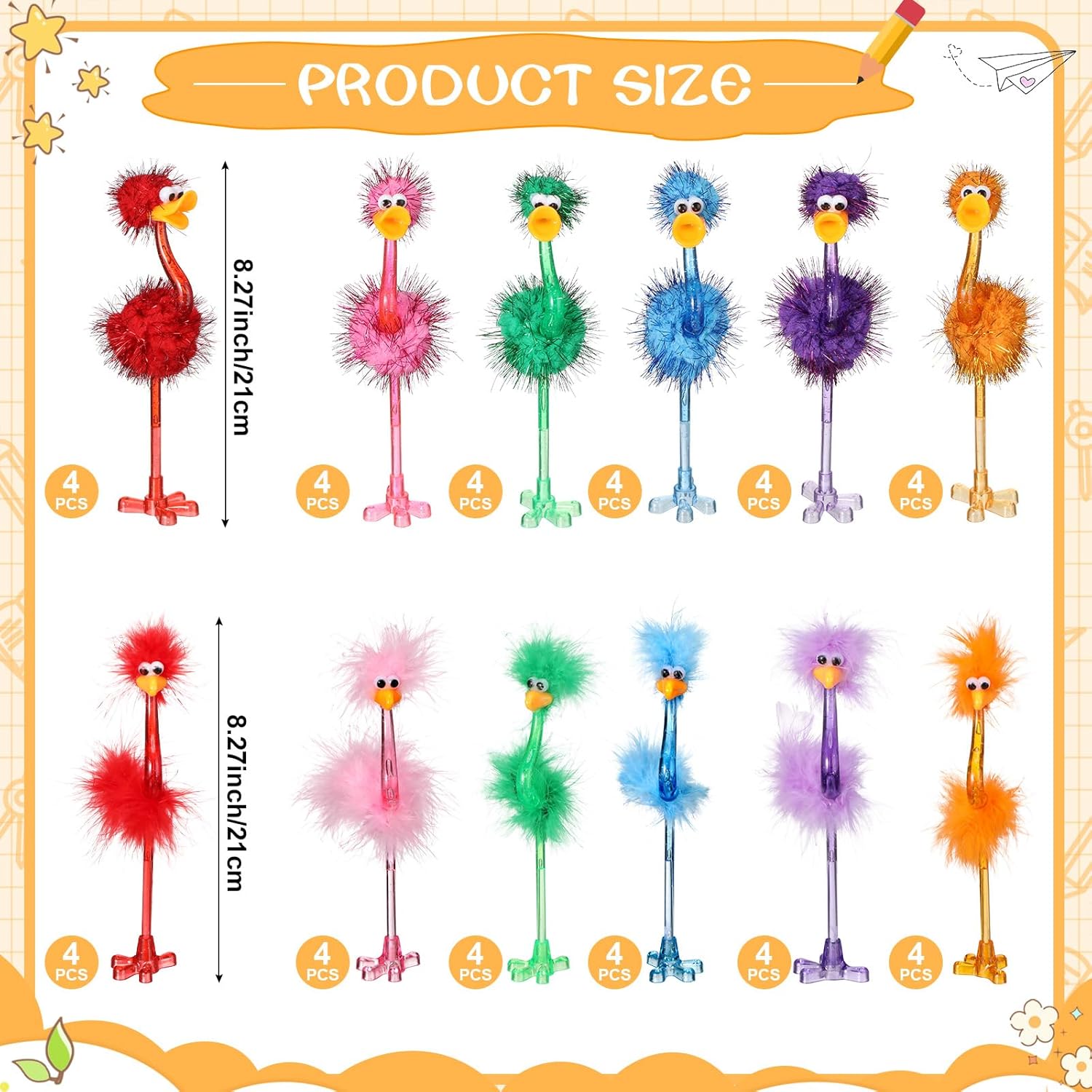 48 Pcs Fluffy Flamingo Ostrich Pens Set for Kids Adults