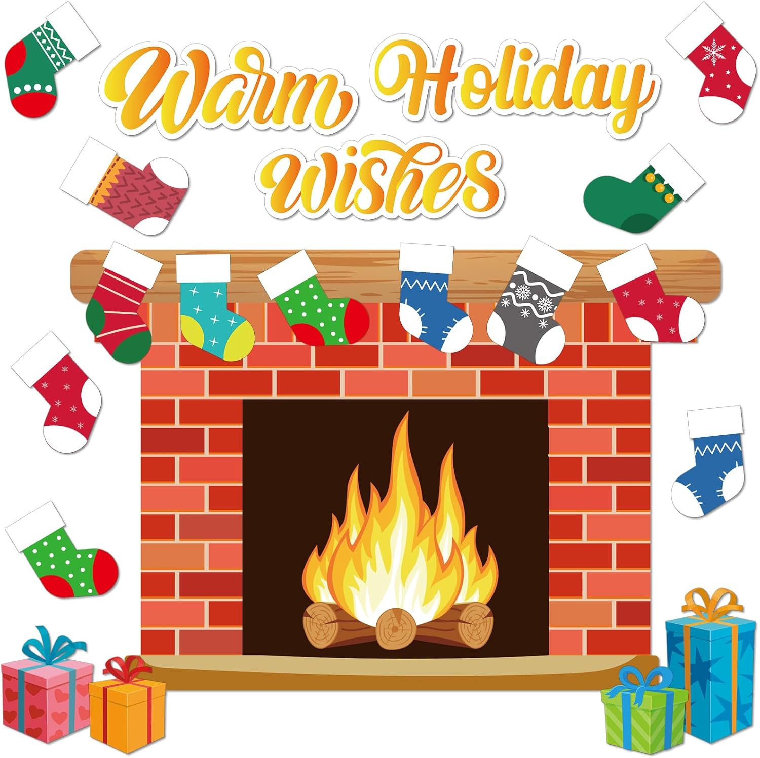 Christmas Bulletin Board with Fireplace and Stocking Cutouts