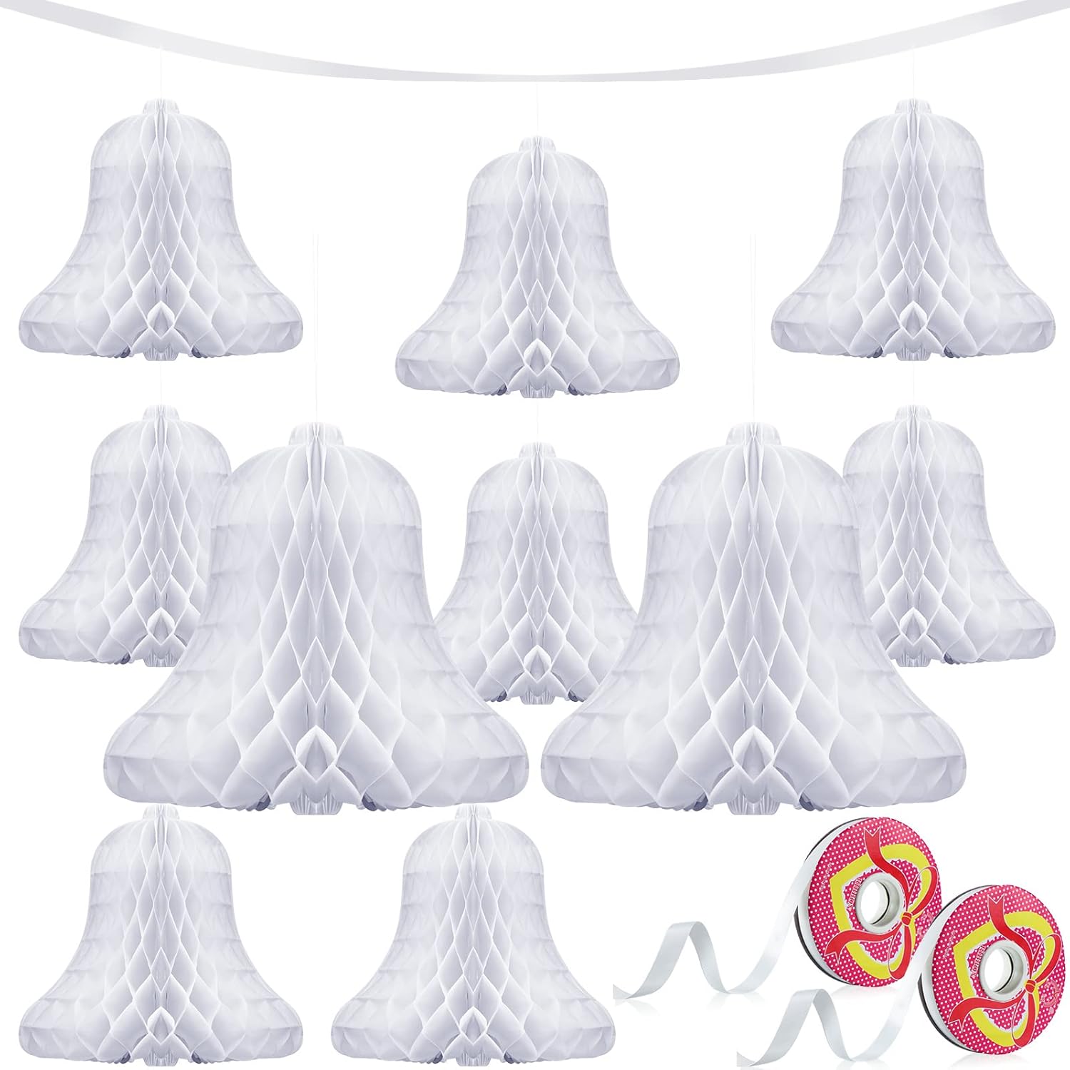 10 Pcs White Honeycomb Wedding Bells with 2 Rolls Ribbons