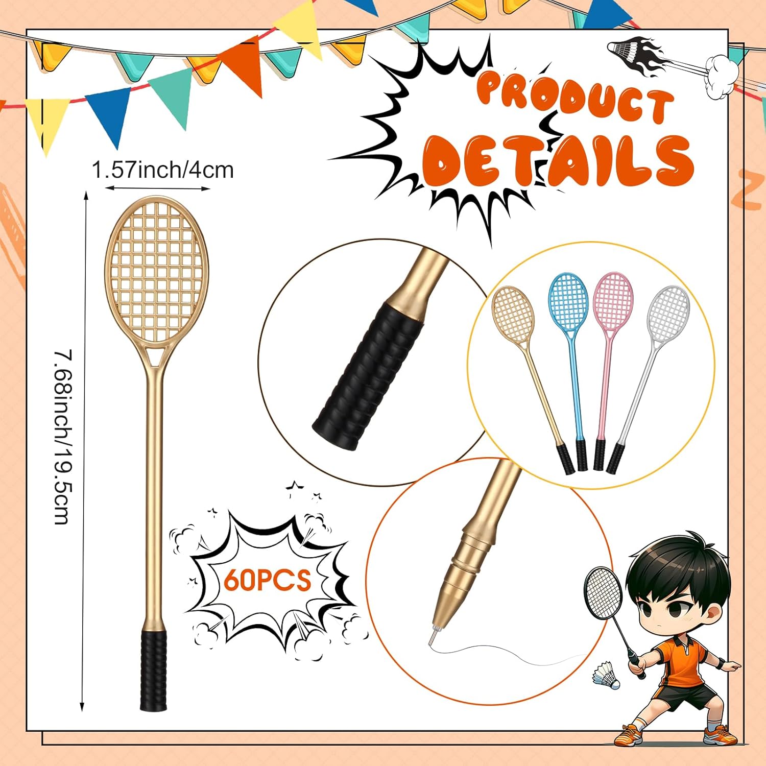 60 Pcs Tennis Racket Gel Pens for Parties and Stress Relief