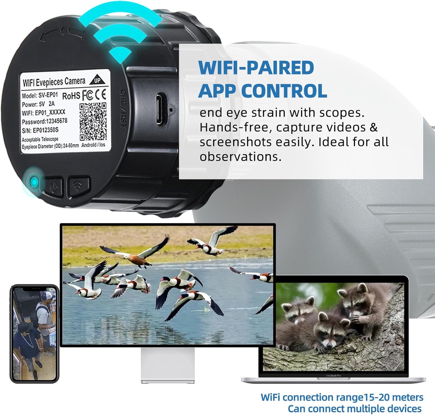 WiFi Eyepiece Camera for 24mm to 50mm Telescopes and Microscopes