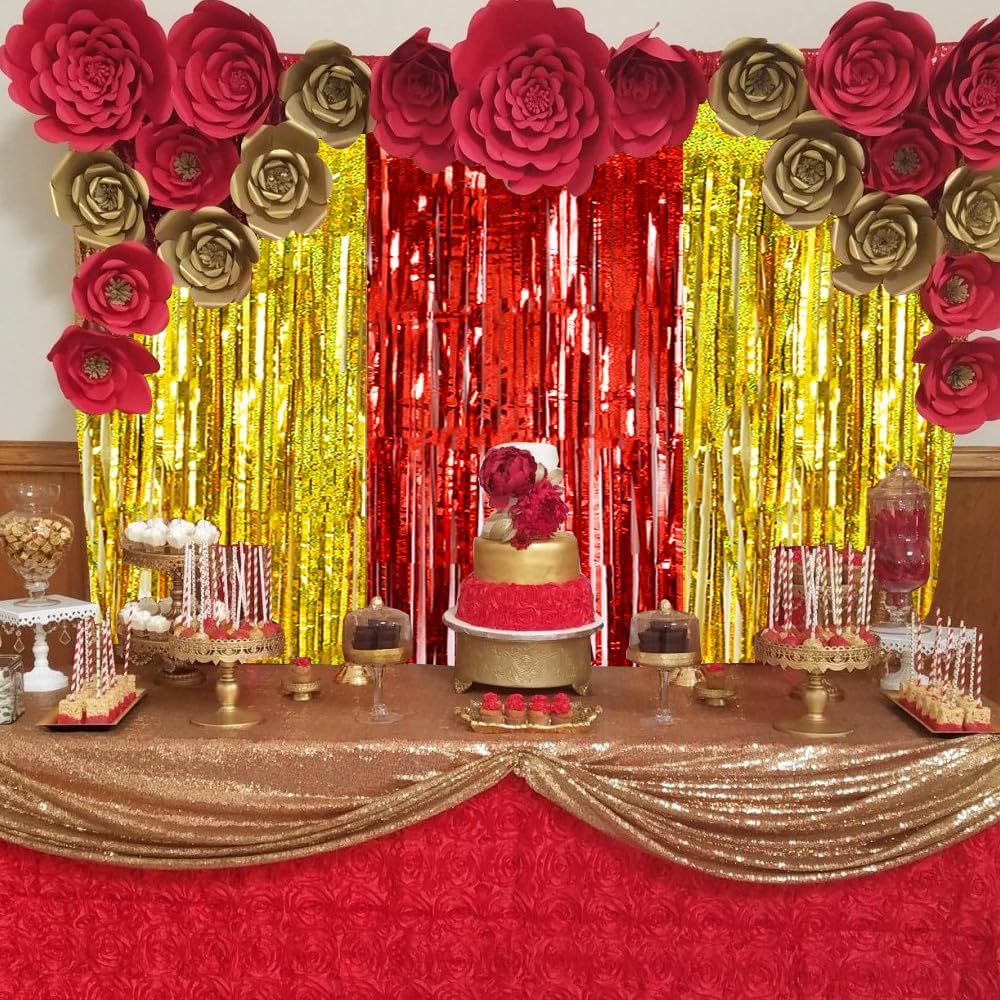 BEISHIDA 4Pcs Red Gold Party Streamers Foil Curtain Backdrop